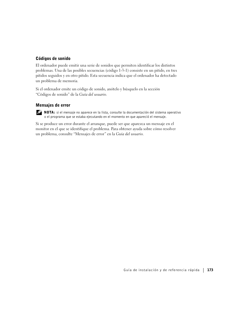 Códigos de sonido, Mensajes de error | Dell Precision 360 User Manual | Page 173 / 182