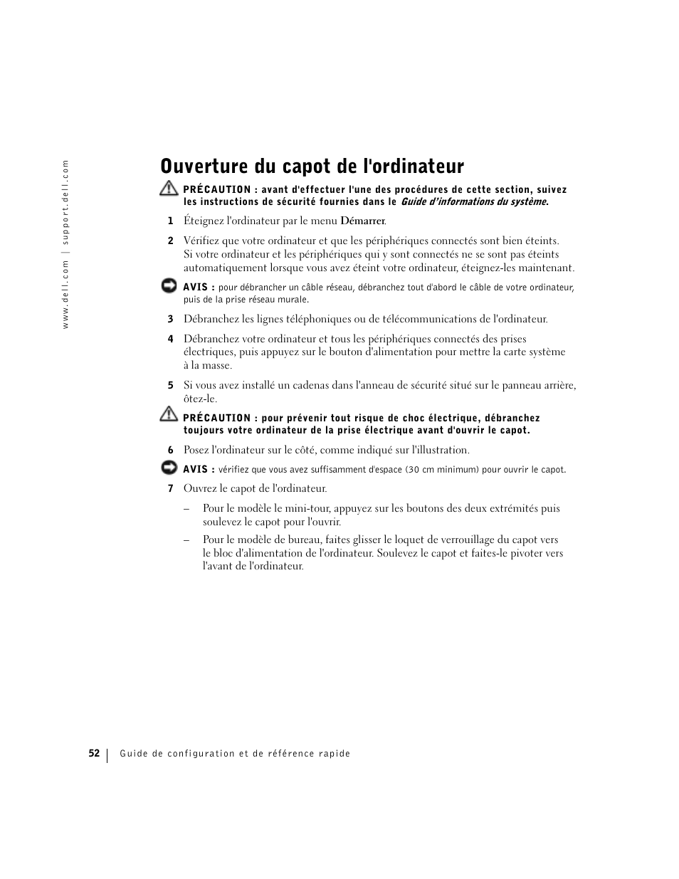 Ouverture du capot de l'ordinateur | Dell Precision 360 User Manual | Page 52 / 182