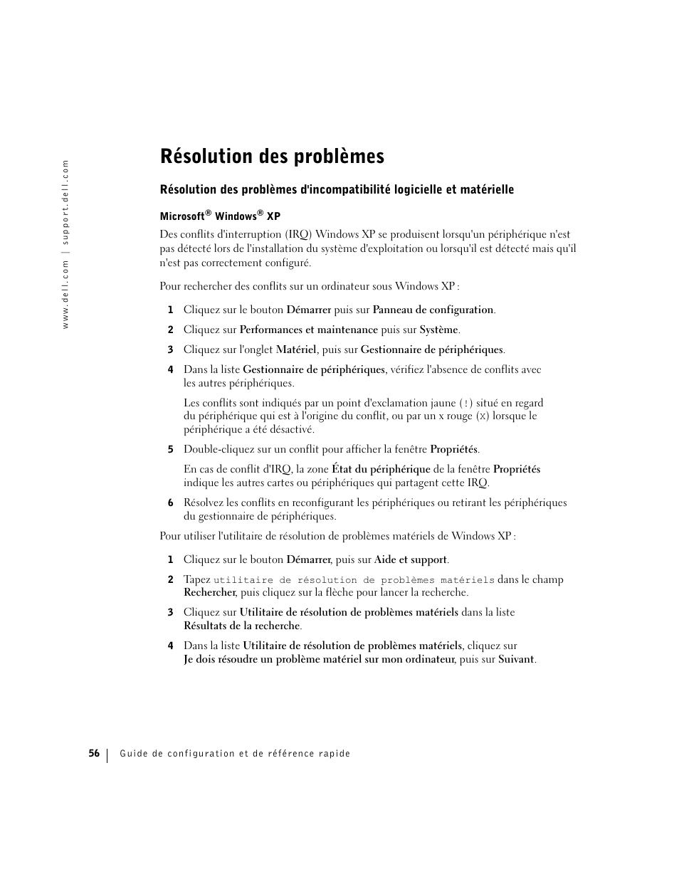 Résolution des problèmes | Dell Precision 360 User Manual | Page 56 / 182