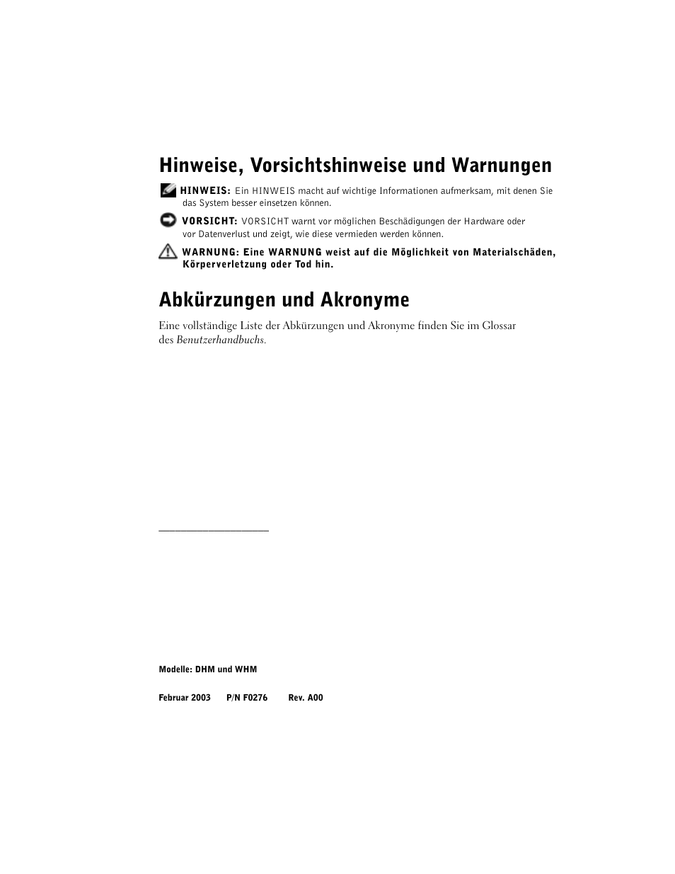Hinweise, vorsichtshinweise und warnungen, Abkürzungen und akronyme | Dell Precision 360 User Manual | Page 72 / 182