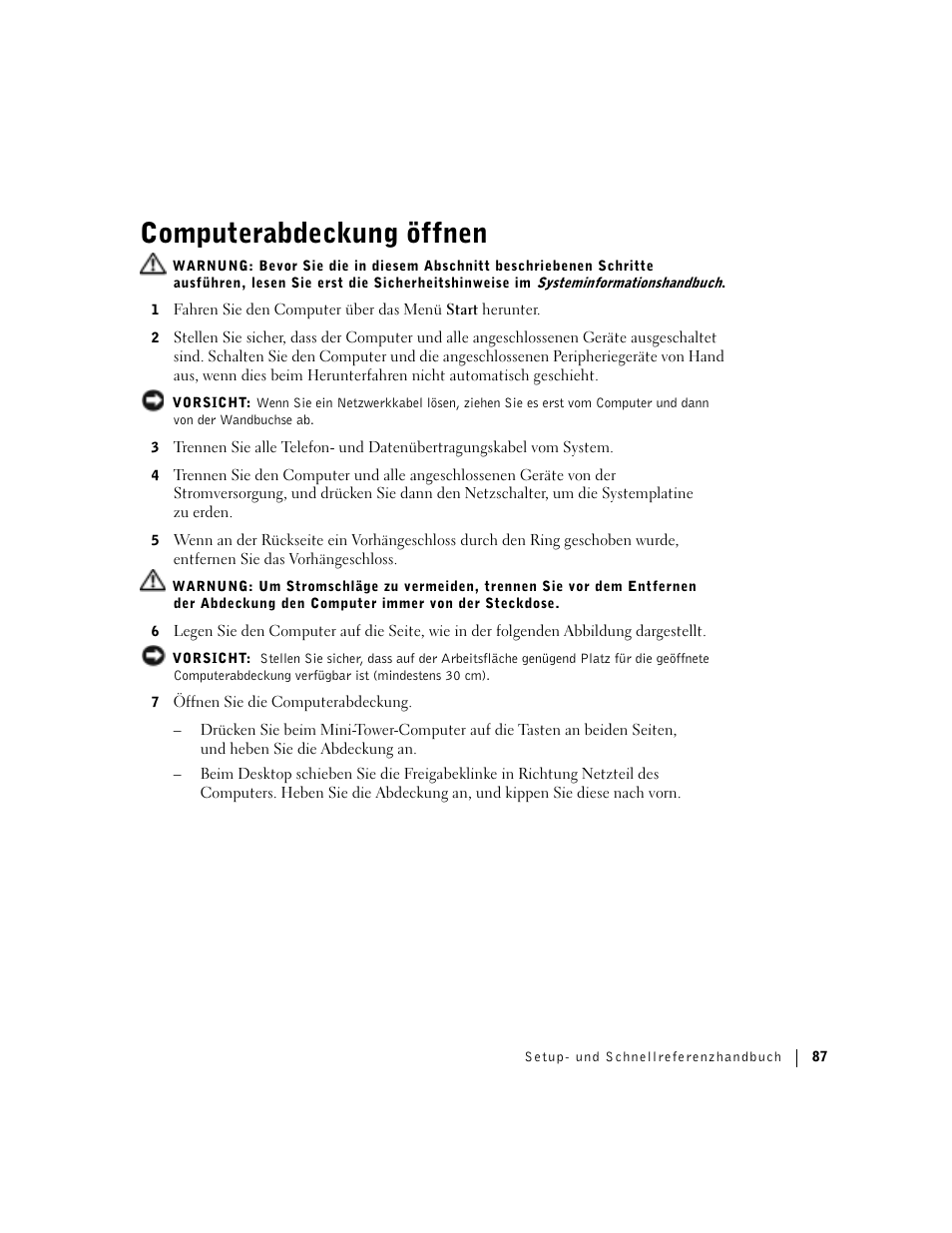 Computerabdeckung öffnen | Dell Precision 360 User Manual | Page 87 / 182