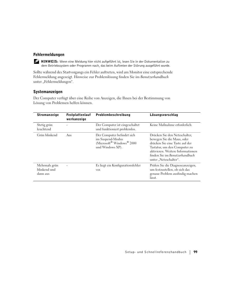 Fehlermeldungen, Systemanzeigen | Dell Precision 360 User Manual | Page 99 / 182