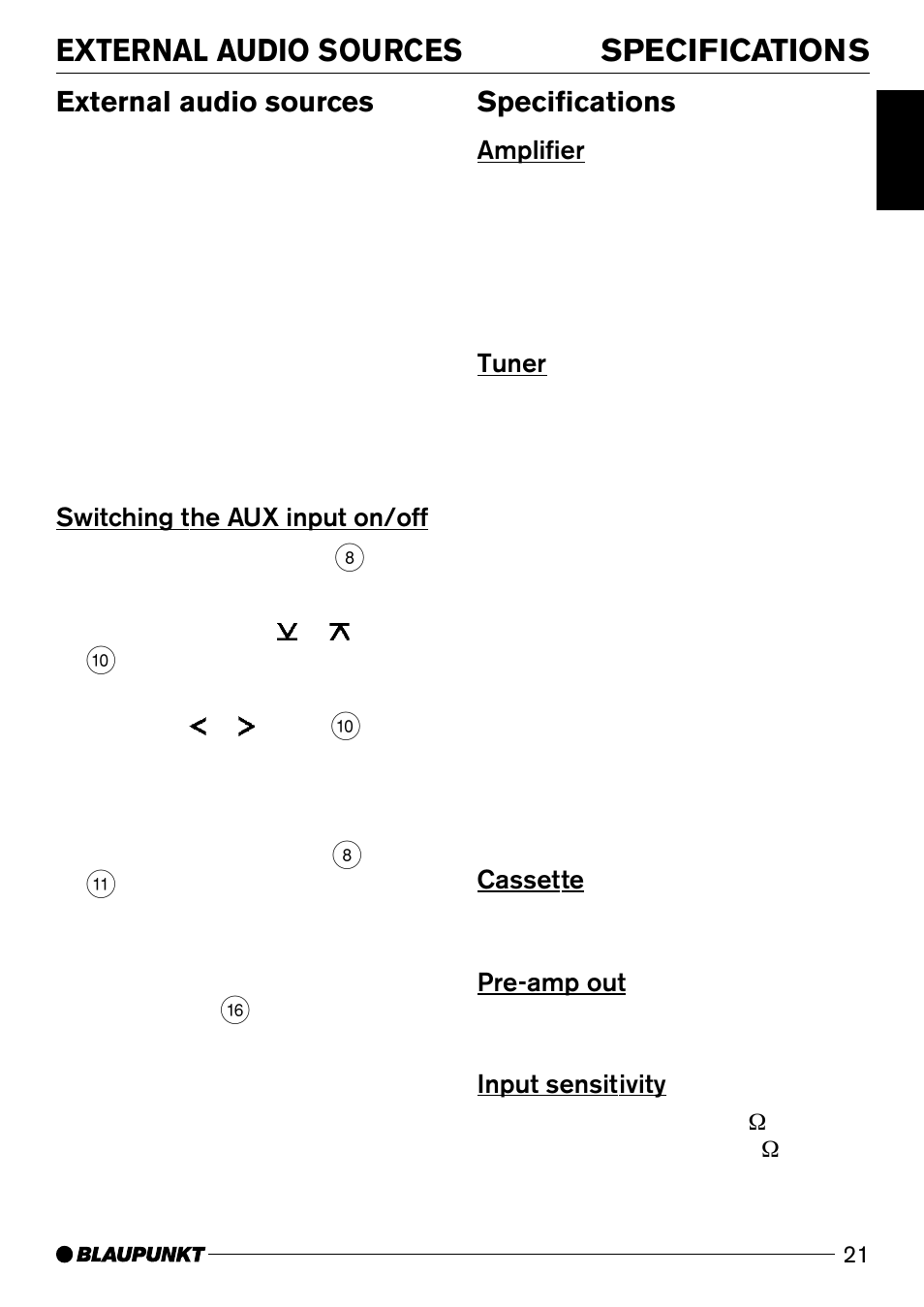 Specifications, External audio sources | Blaupunkt C51 User Manual | Page 21 / 23