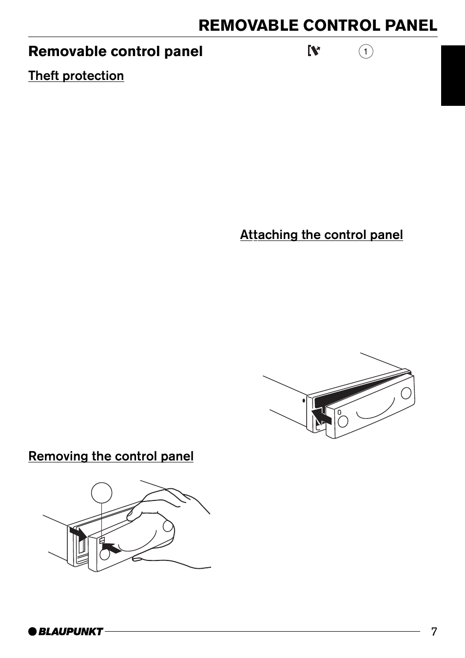 Removable control panel, Theft protection, Removing the control panel 1 | Attaching the control panel | Blaupunkt C51 User Manual | Page 7 / 23