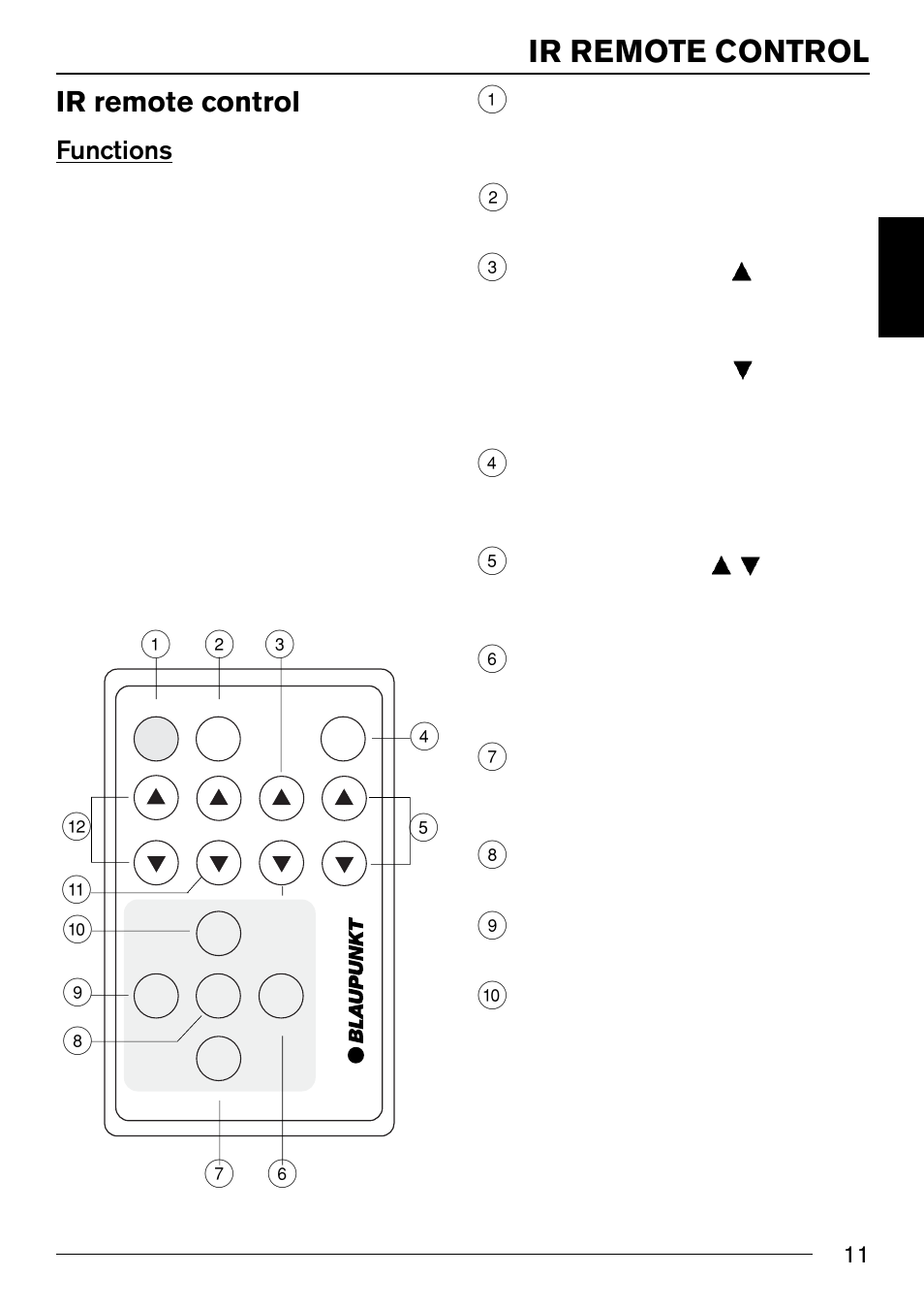 Ir remote control, Functions | Blaupunkt IVSC-3302 User Manual | Page 11 / 62