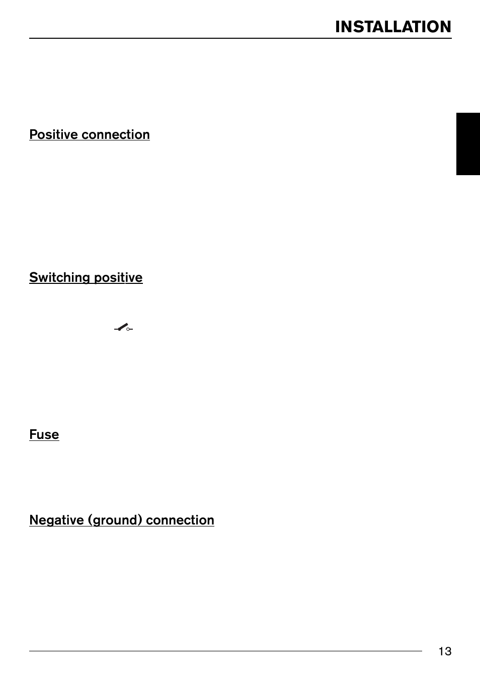 Installation, Positive connection, Switching positive | Fuse, Negative (ground) connection | Blaupunkt IVSC-3302 User Manual | Page 13 / 62