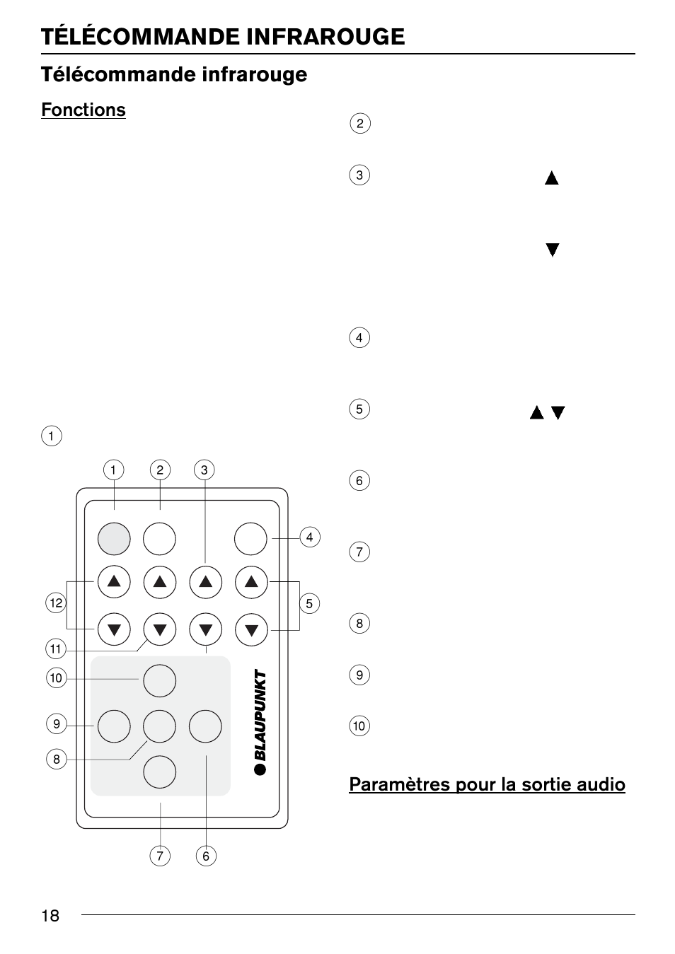 Télécommande infrarouge, Fonctions, Paramètres pour la sortie audio | Blaupunkt IVSC-3302 User Manual | Page 18 / 62