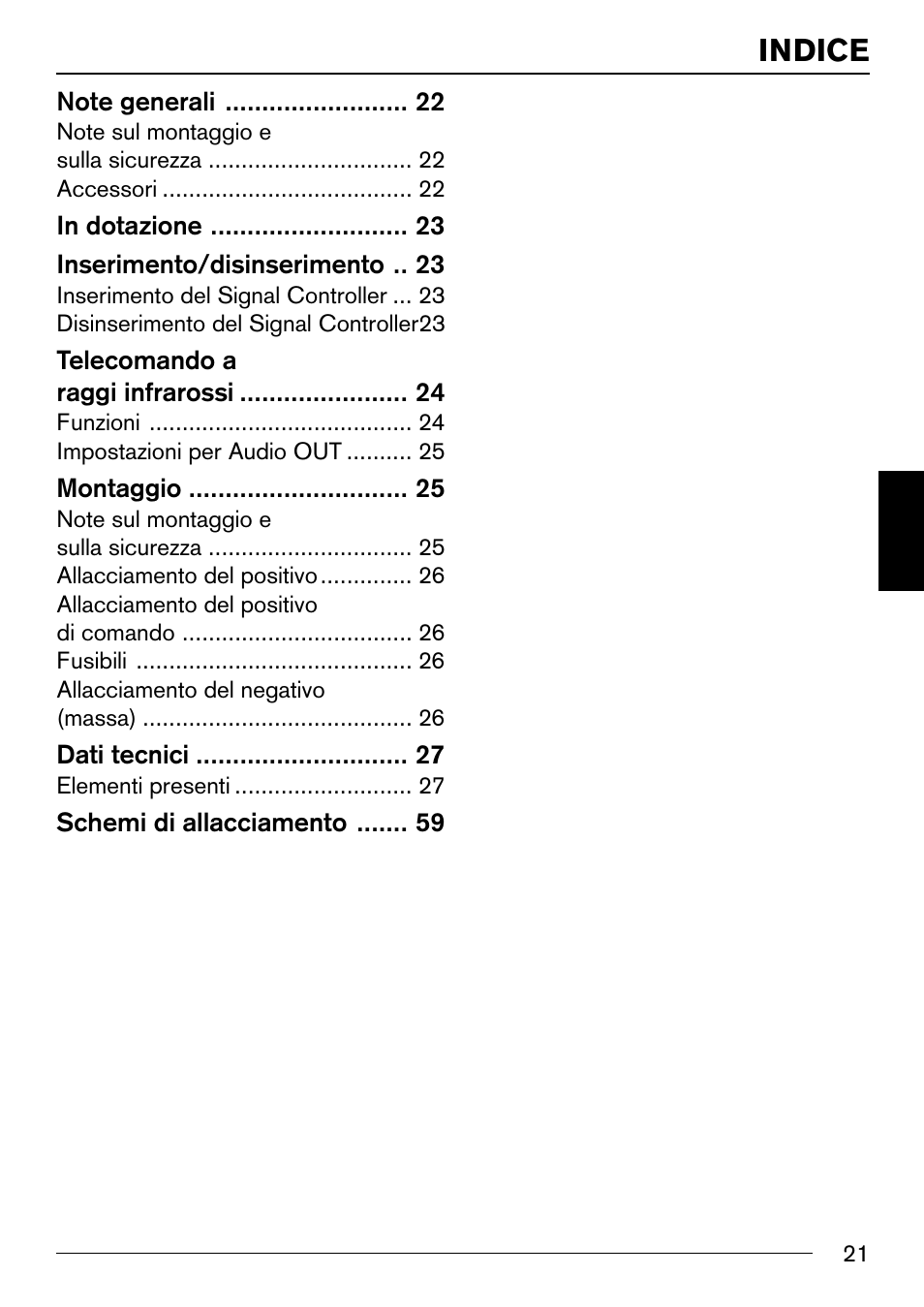 Indice, Telecomando a raggi infrarossi, Montaggio | Dati tecnici, Schemi di allacciamento | Blaupunkt IVSC-3302 User Manual | Page 21 / 62