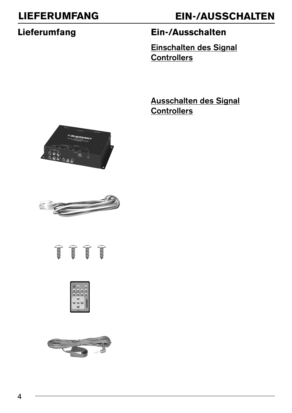Lieferumfang, Ein-/ausschalten, Einschalten des signal controllers | Ausschalten des signal controllers | Blaupunkt IVSC-3302 User Manual | Page 4 / 62