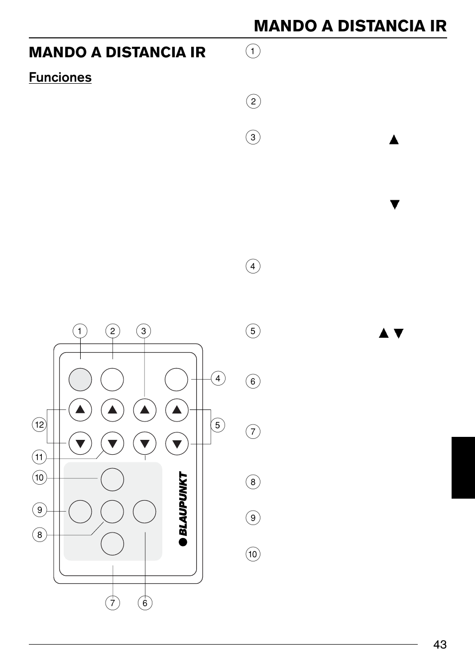 Mando a distancia ir, Funciones | Blaupunkt IVSC-3302 User Manual | Page 43 / 62