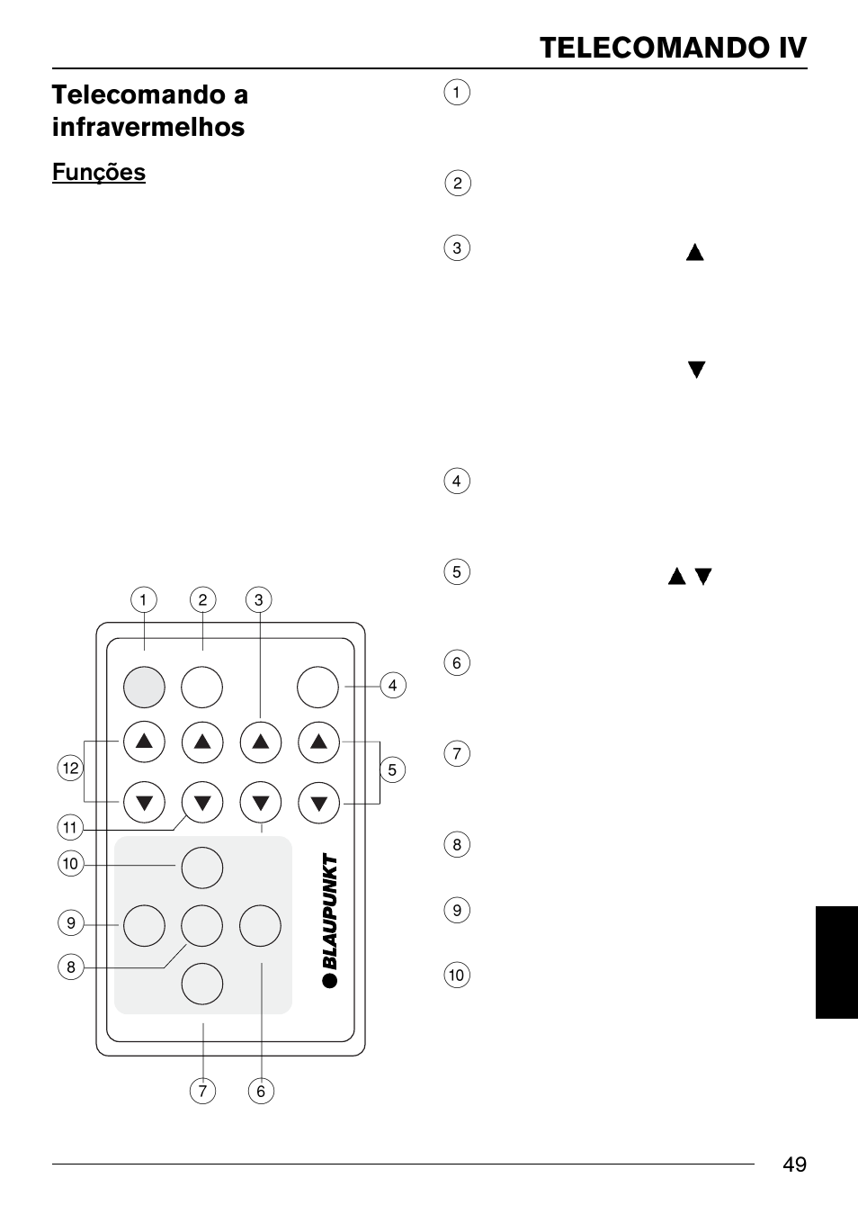 Telecomando iv, Telecomando a infravermelhos, Funções | Blaupunkt IVSC-3302 User Manual | Page 49 / 62