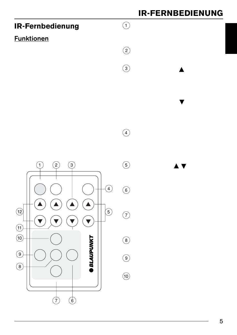 Ir-fernbedienung, Funktionen | Blaupunkt IVSC-3302 User Manual | Page 5 / 62