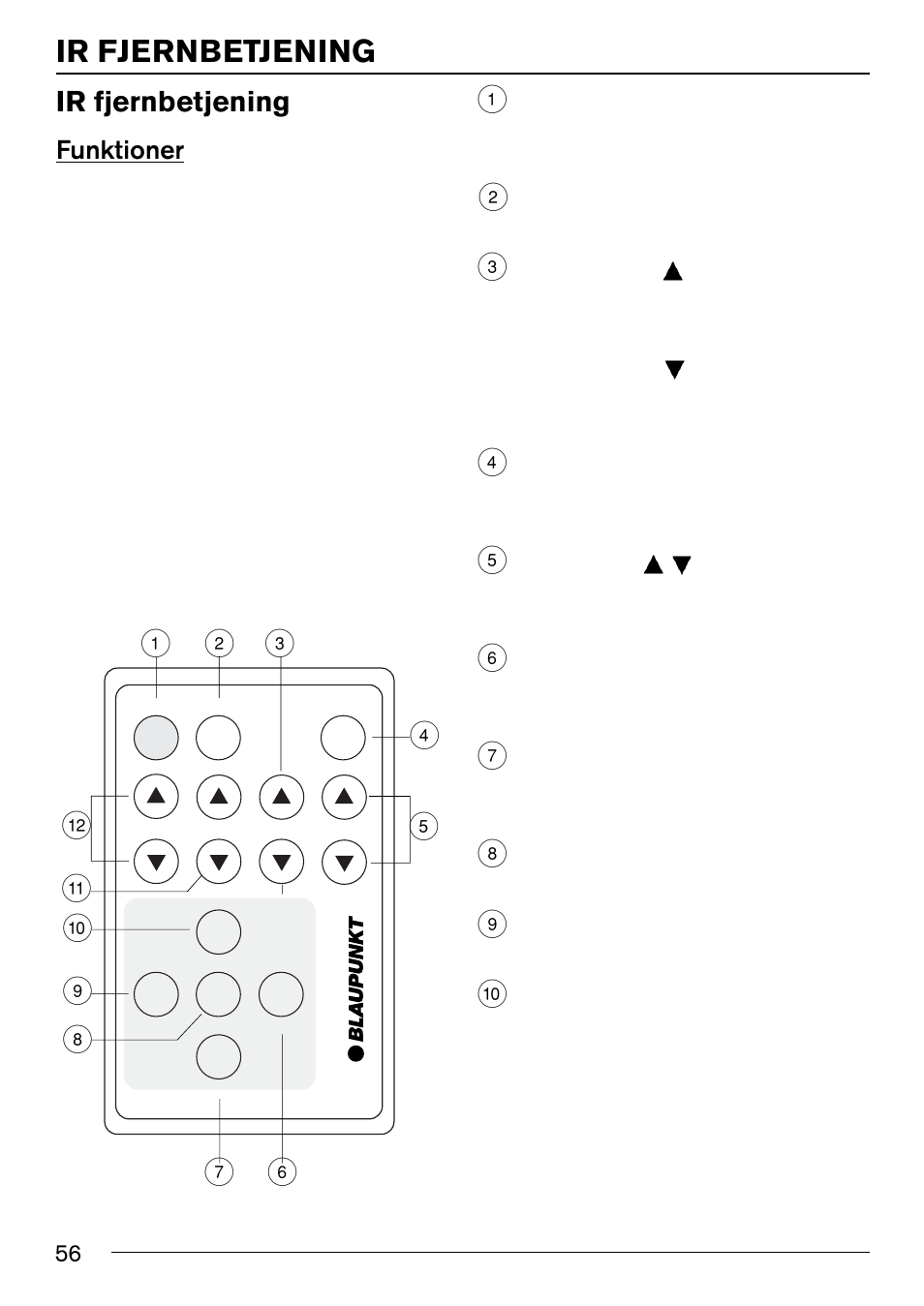 Ir fjernbetjening, Funktioner | Blaupunkt IVSC-3302 User Manual | Page 56 / 62
