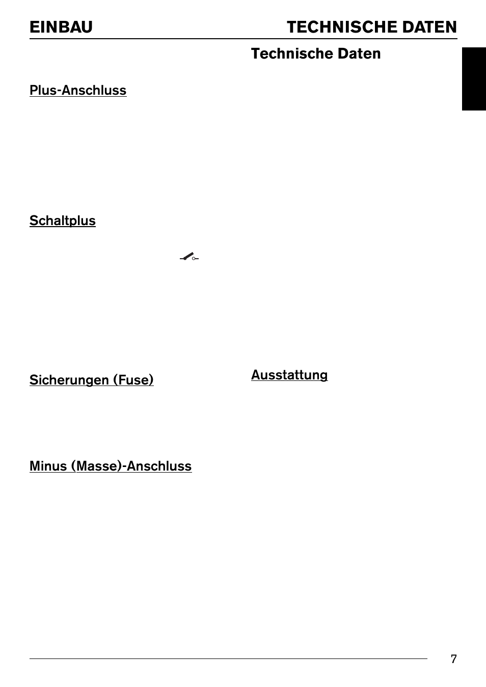 Technische daten, Einbau, Plus-anschluss | Schaltplus, Sicherungen (fuse), Minus (masse)-anschluss, Ausstattung | Blaupunkt IVSC-3302 User Manual | Page 7 / 62