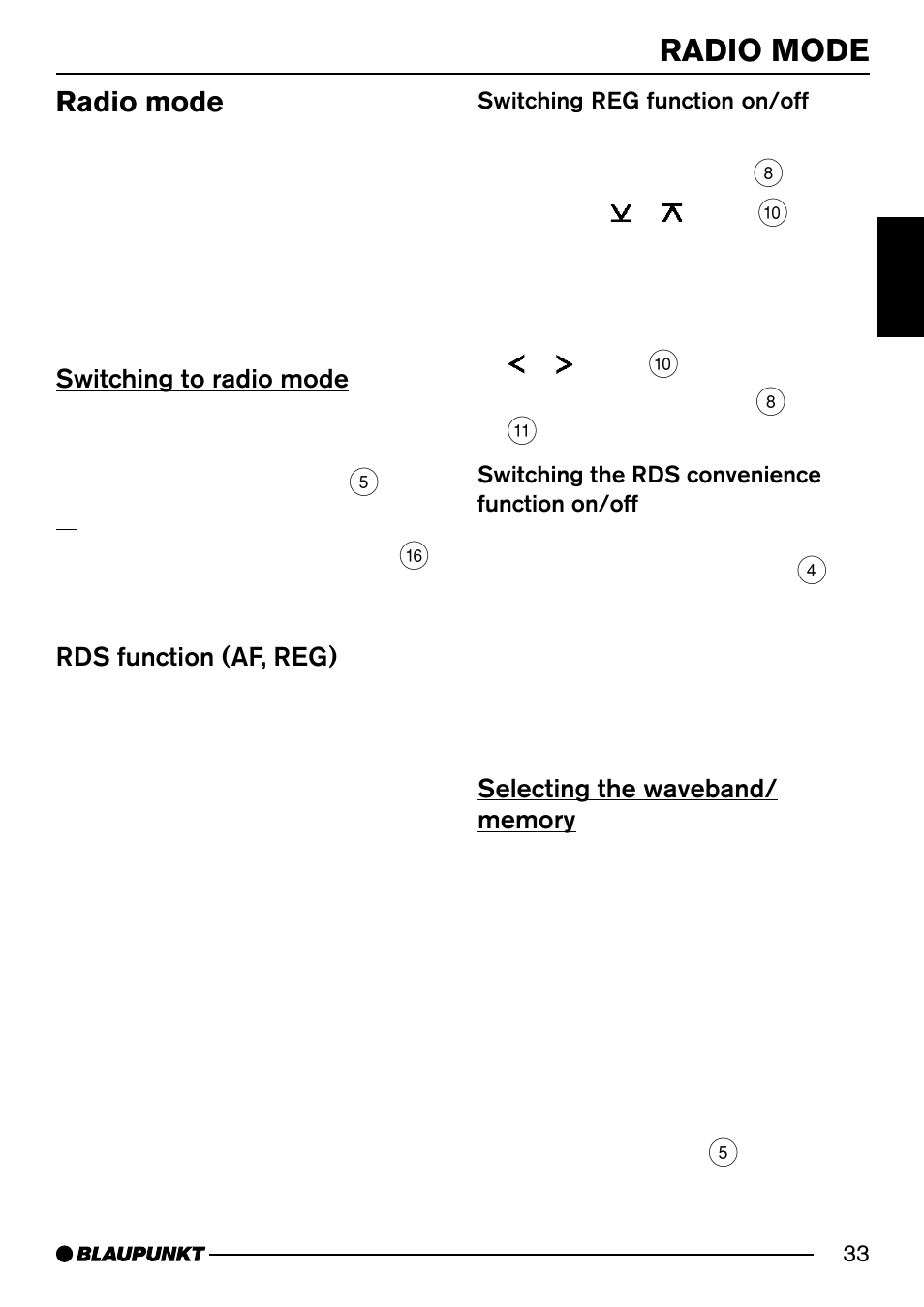 Radio mode, Switching to radio mode, Rds function (af, reg) | Blaupunkt DJ52 User Manual | Page 11 / 26