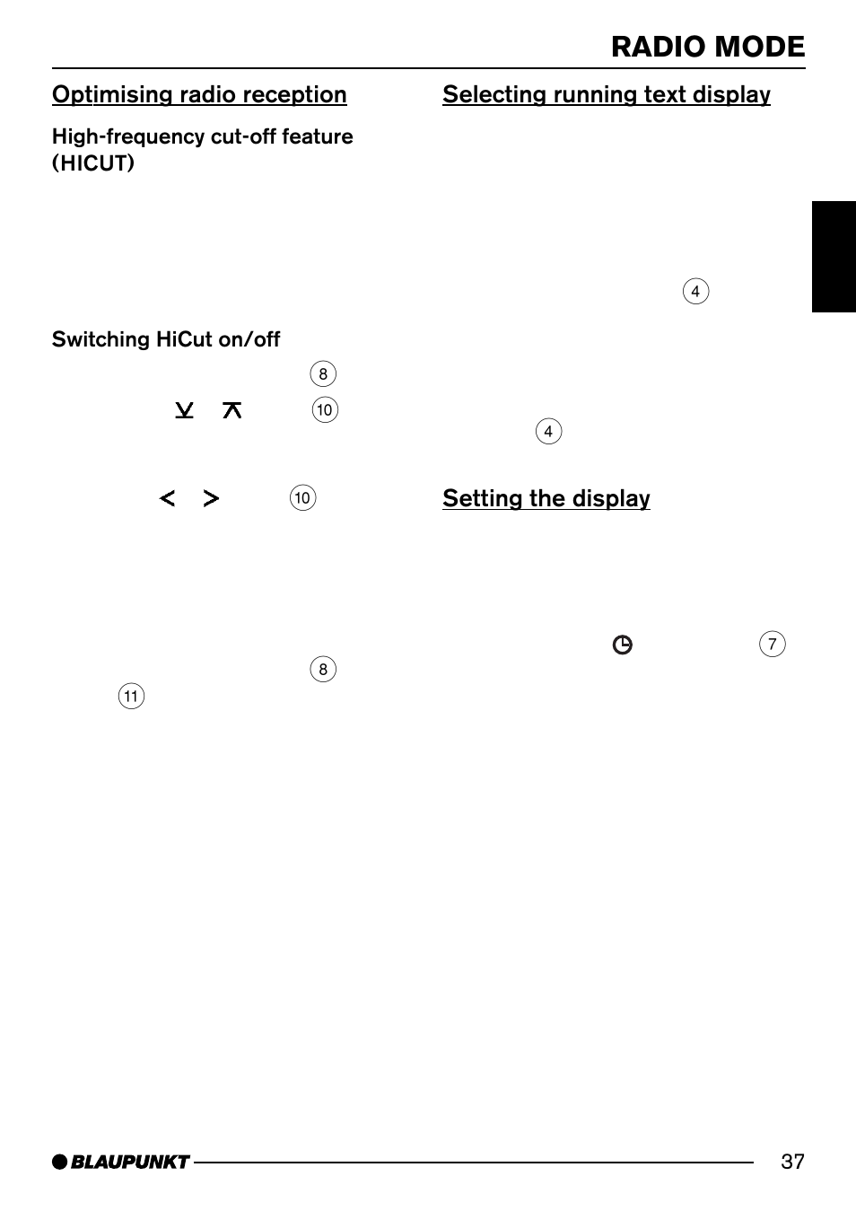 Radio mode, Optimising radio reception, Selecting running text display | Setting the display | Blaupunkt DJ52 User Manual | Page 15 / 26