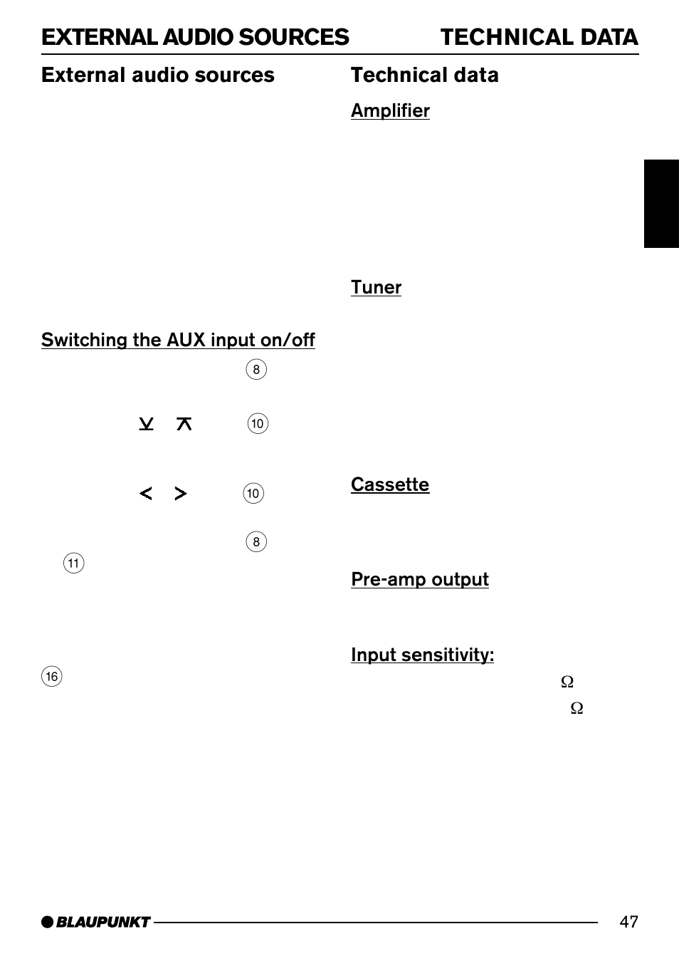 Technical data, External audio sources | Blaupunkt DJ52 User Manual | Page 25 / 26