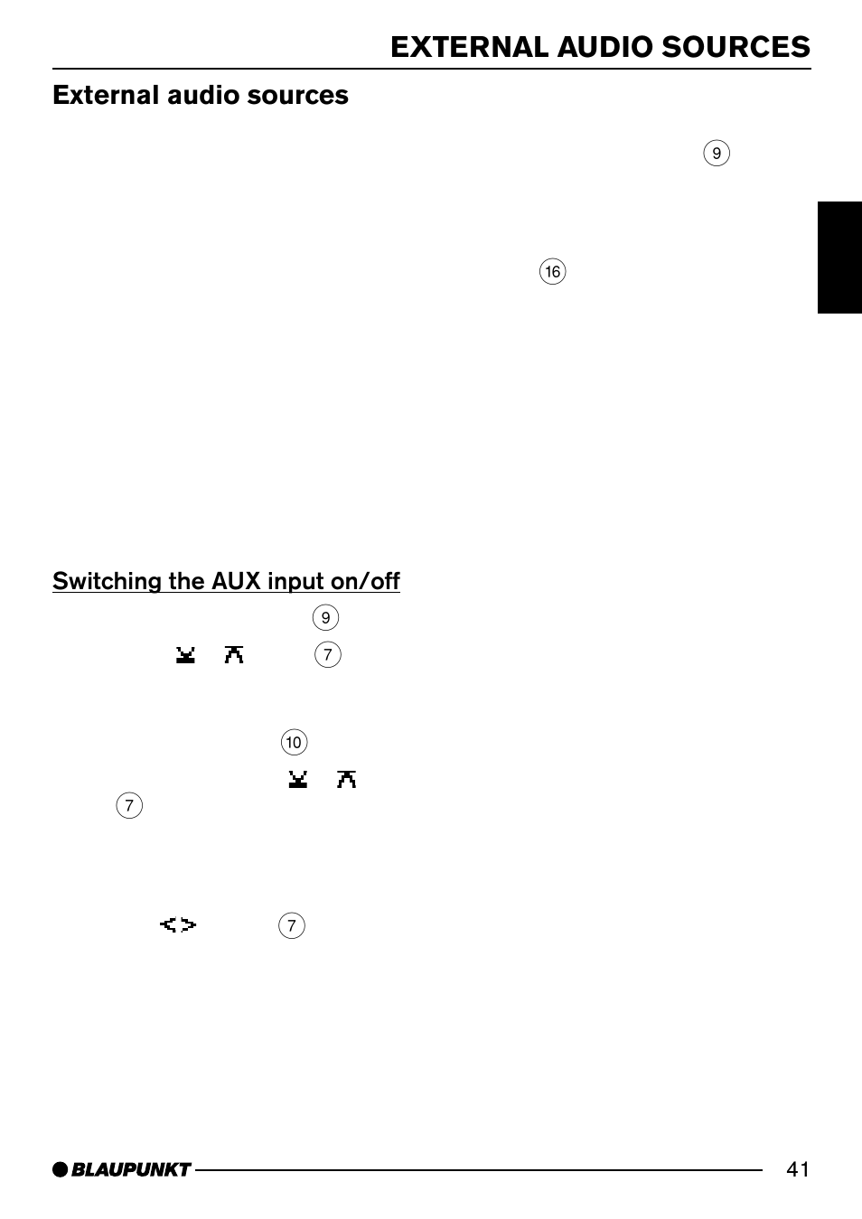 External audio sources, Switching the aux input on/off | Blaupunkt MP54 User Manual | Page 41 / 43
