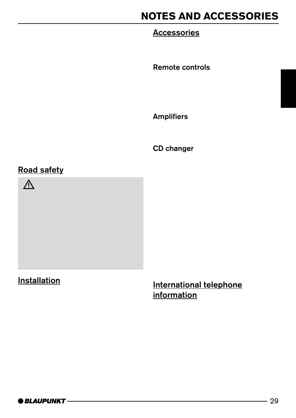 Road safety, Installation, Accessories | International telephone information | Blaupunkt BOLOGNA DJ51 User Manual | Page 6 / 27