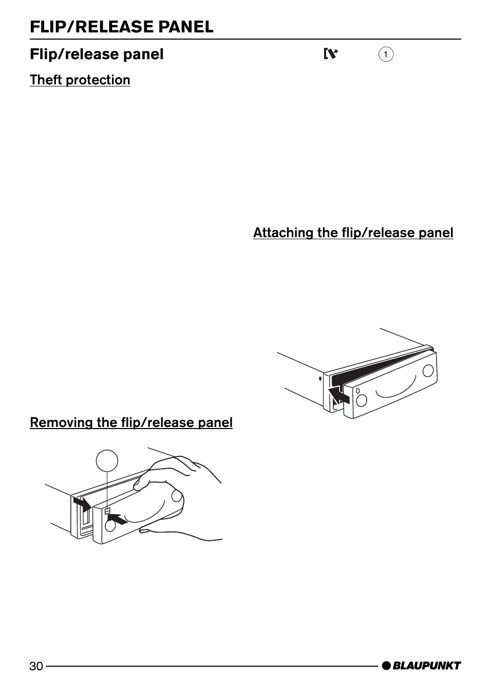 Flip/release panel, Theft protection, Removing the flip/release panel 1 | Attaching the flip/release panel | Blaupunkt BOLOGNA DJ51 User Manual | Page 7 / 27