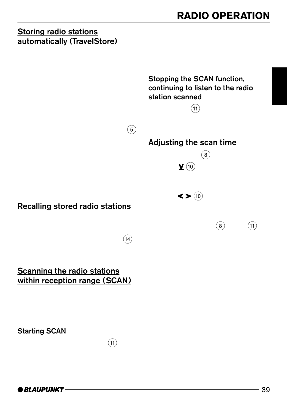 Radio operation, Storing radio stations automatically (travelstore), Recalling stored radio stations | Adjusting the scan time | Blaupunkt Casablanca CD50 User Manual | Page 12 / 28