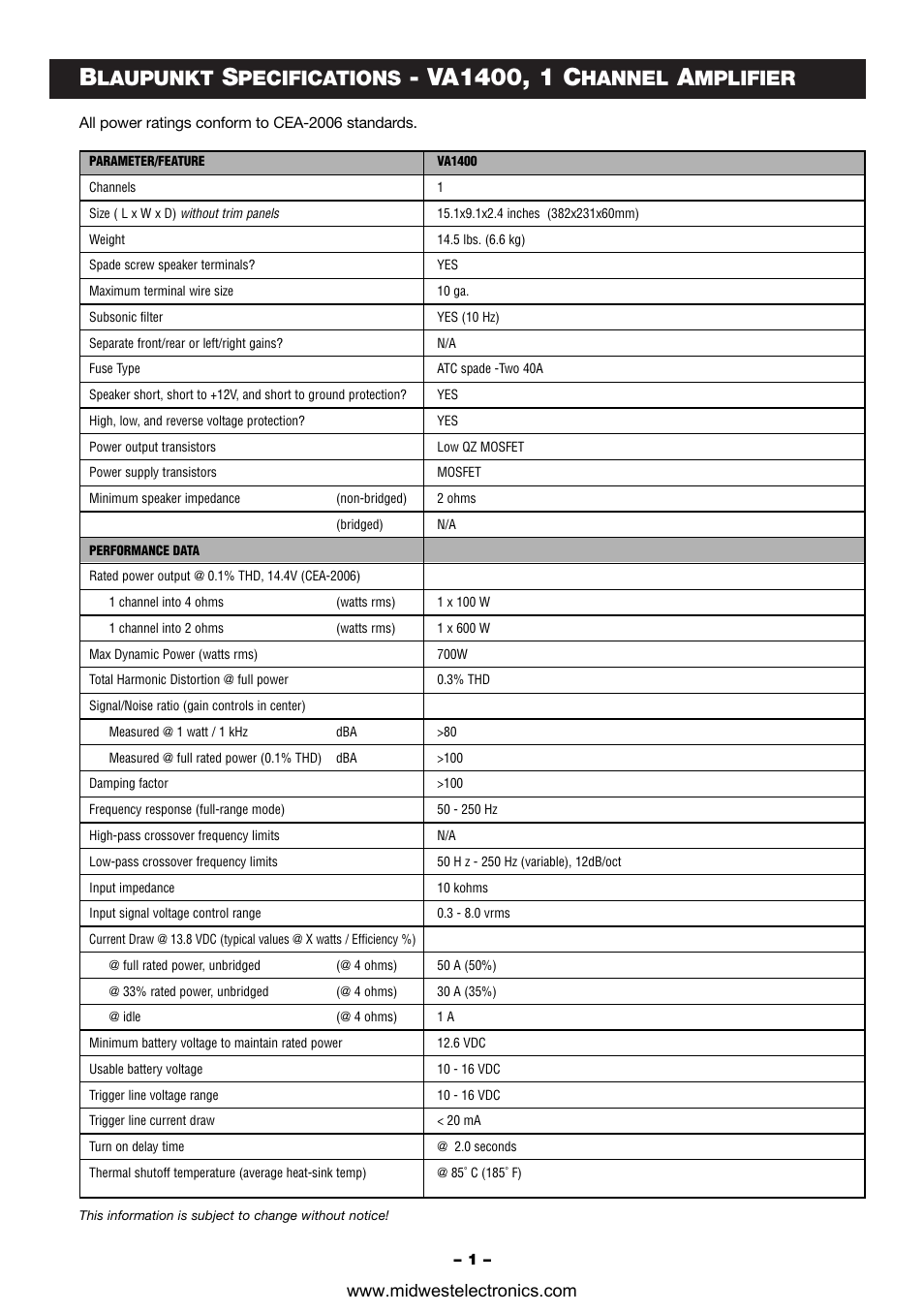 Laupunkt, Pecifications, Hannel | Mplifier | Blaupunkt VA1400 User Manual | Page 2 / 14