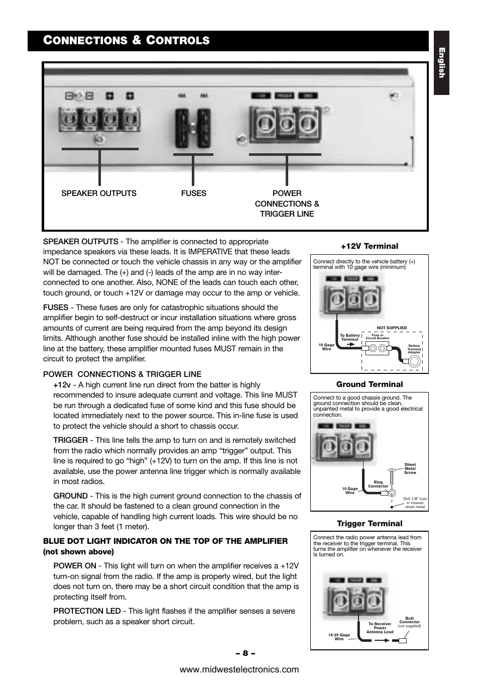 Onnections, Ontrols, 12v terminal trigger terminal ground terminal | Blaupunkt VA1400 User Manual | Page 9 / 14