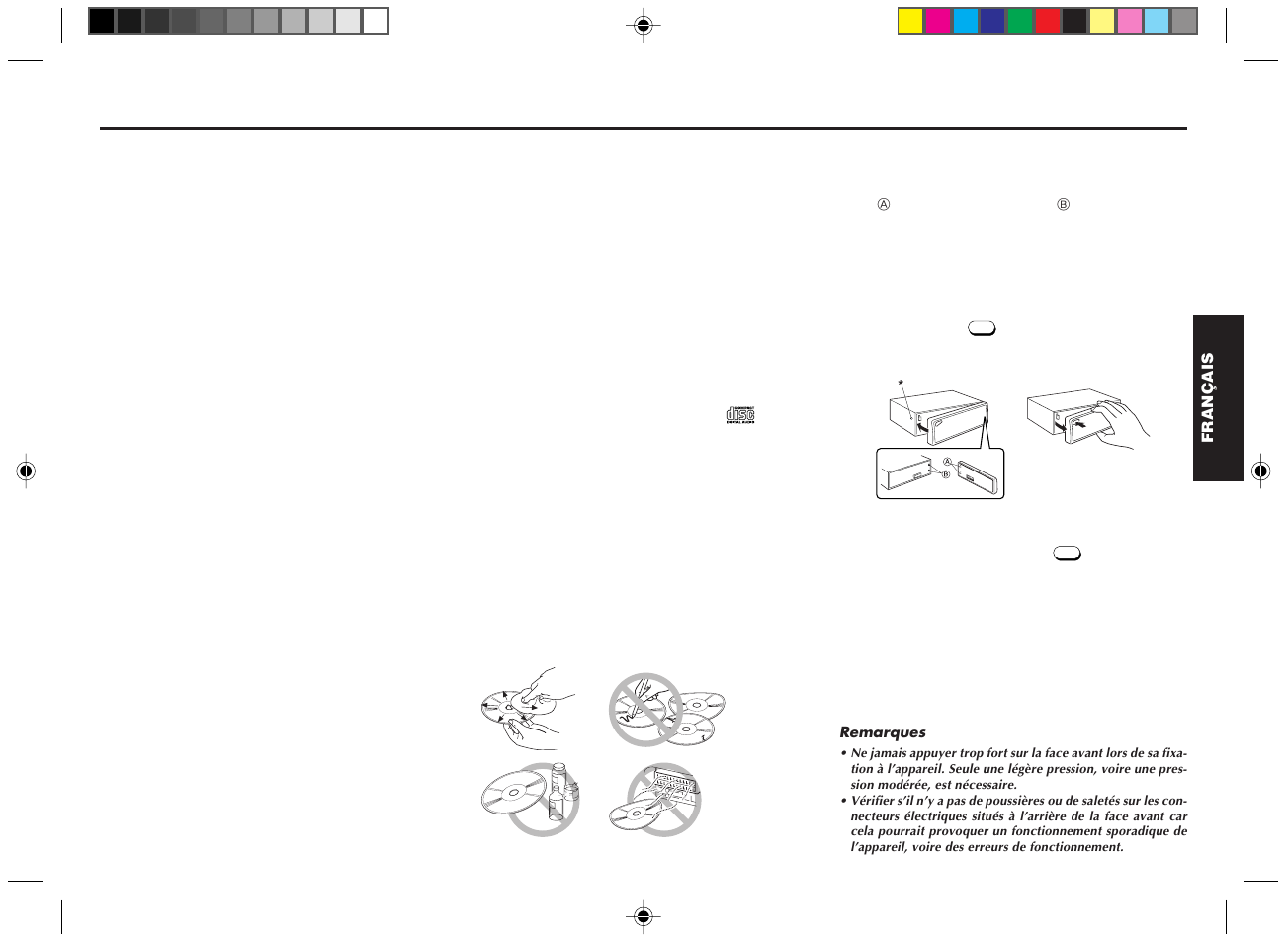 Avertissement de la fcc, Caractéristiques, Manipulations des disques compacts | Fixation de la face avant, Retrait de la face avant | Blaupunkt RPD 540 User Manual | Page 11 / 37
