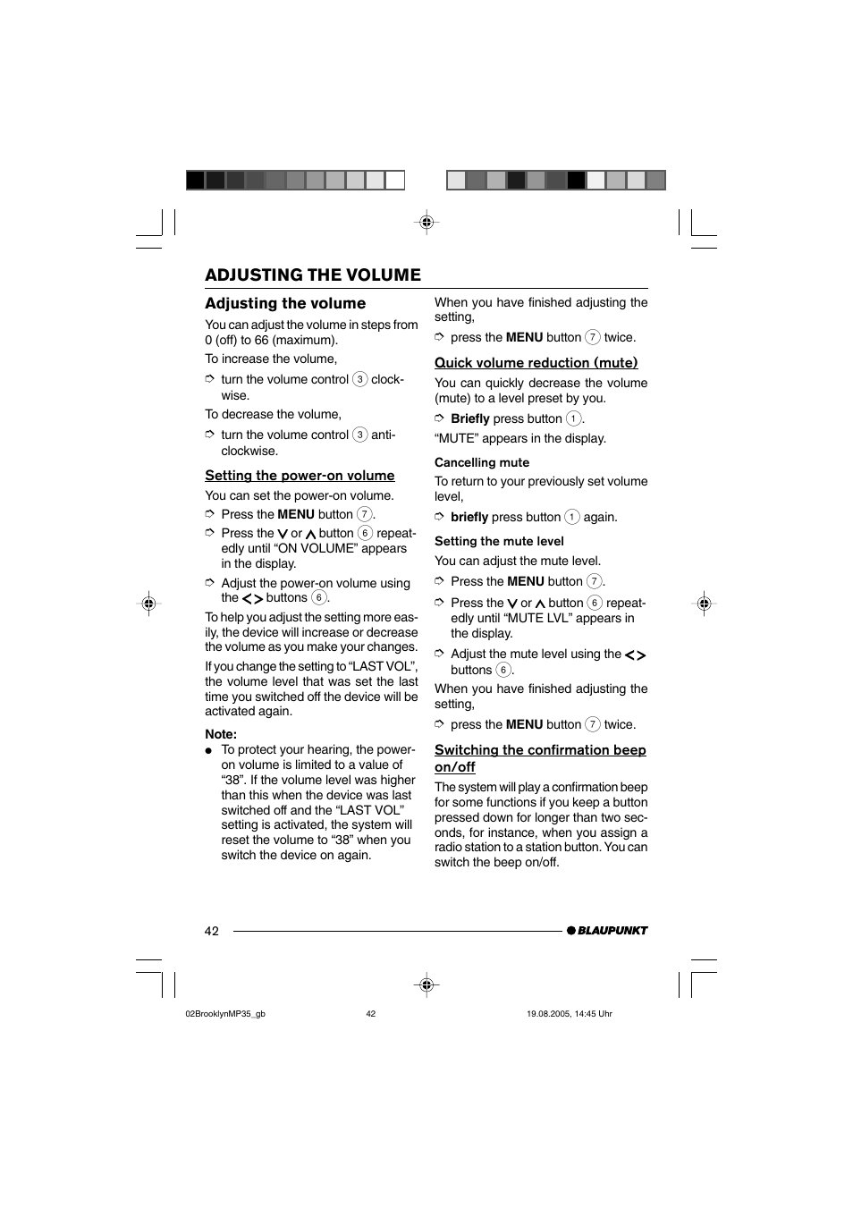 Adjusting the volume | Blaupunkt BROOKLYN MP35 User Manual | Page 10 / 36