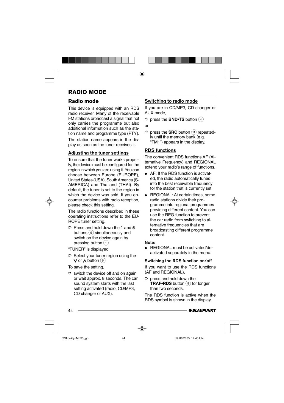 Radio mode | Blaupunkt BROOKLYN MP35 User Manual | Page 12 / 36