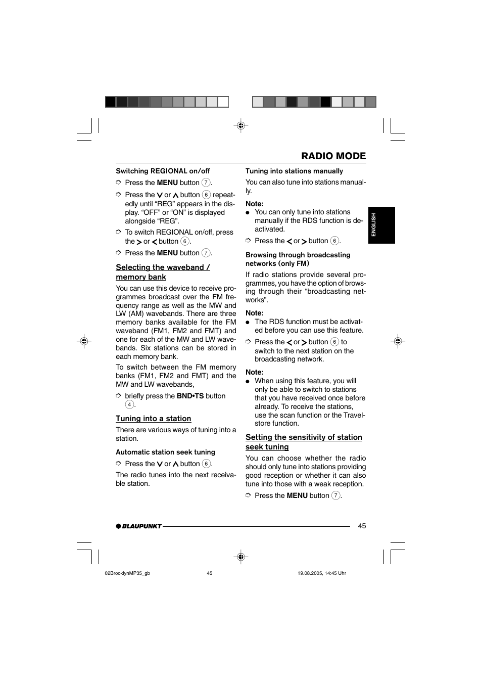 Radio mode | Blaupunkt BROOKLYN MP35 User Manual | Page 13 / 36