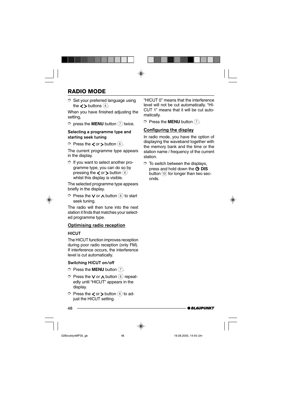 Radio mode | Blaupunkt BROOKLYN MP35 User Manual | Page 16 / 36