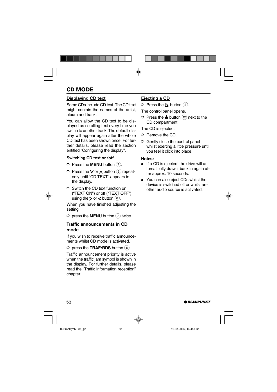 Cd mode | Blaupunkt BROOKLYN MP35 User Manual | Page 20 / 36