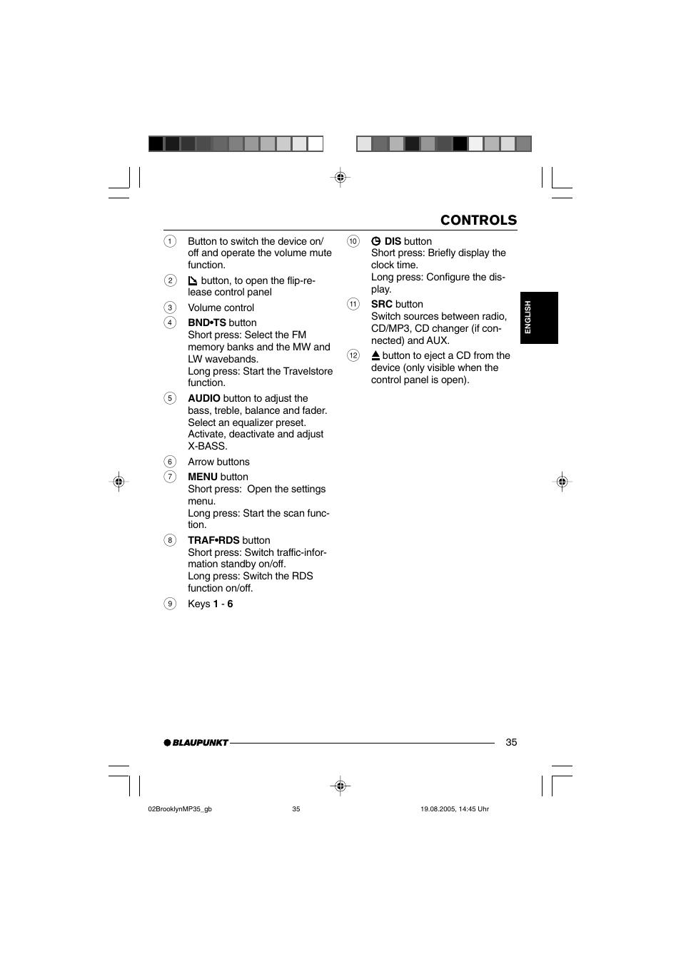 Controls | Blaupunkt BROOKLYN MP35 User Manual | Page 3 / 36