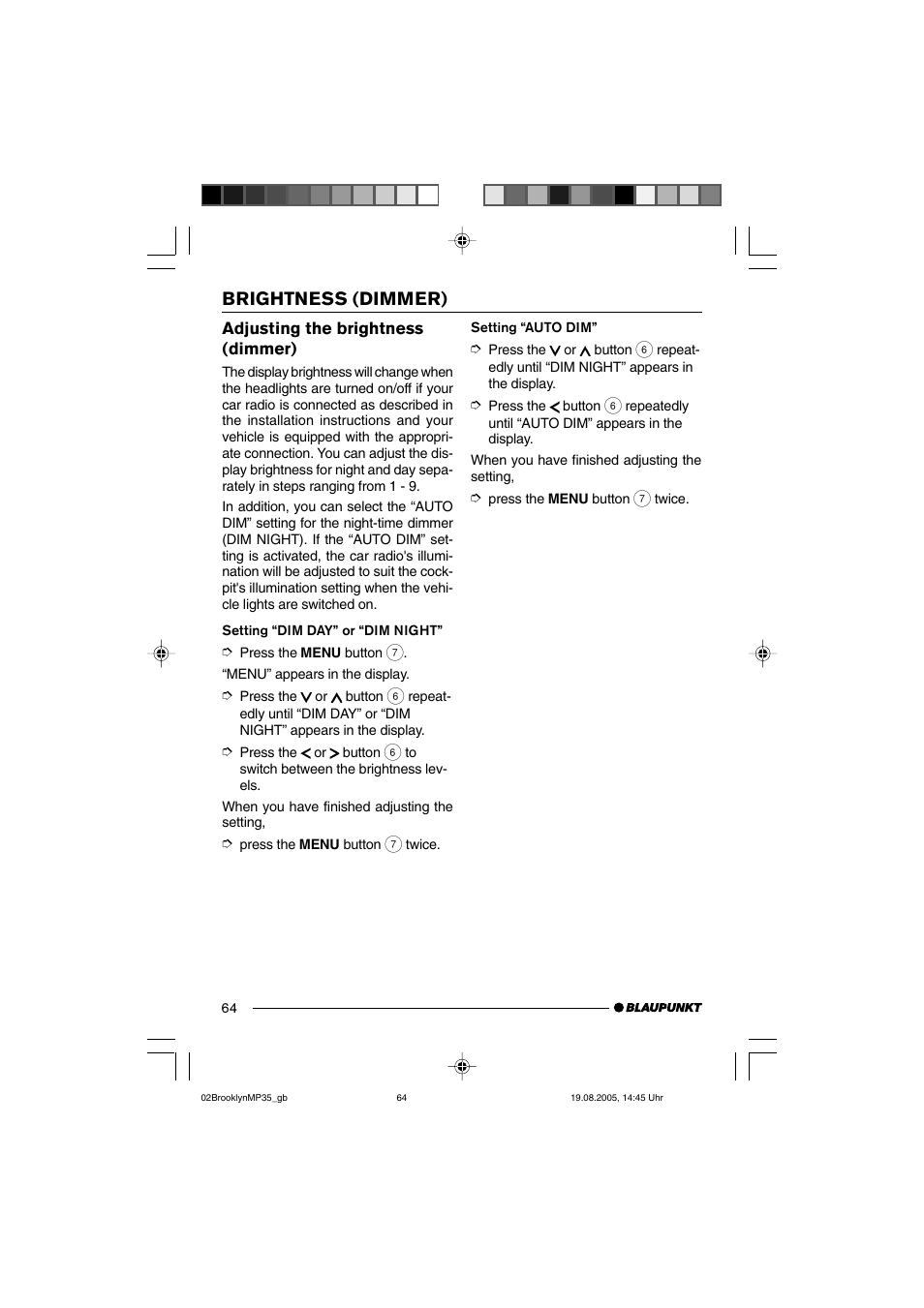 Brightness (dimmer) | Blaupunkt BROOKLYN MP35 User Manual | Page 32 / 36