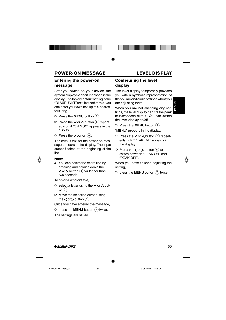 Power-on message level display | Blaupunkt BROOKLYN MP35 User Manual | Page 33 / 36