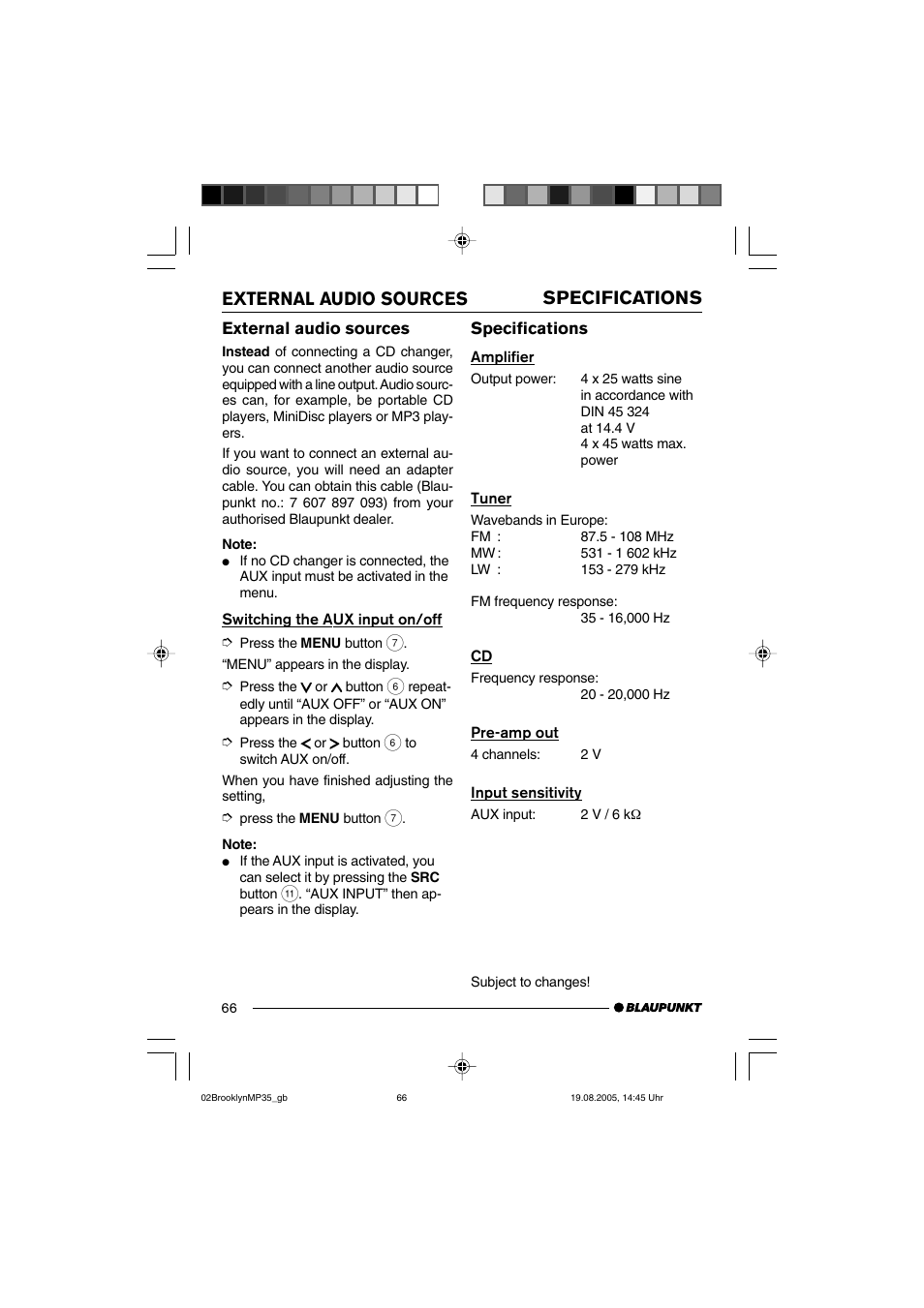Specifications, External audio sources | Blaupunkt BROOKLYN MP35 User Manual | Page 34 / 36
