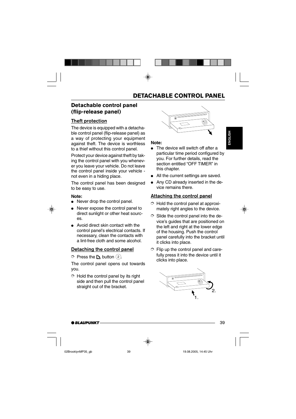 Detachable control panel, Detachable control panel (flip-release panel) | Blaupunkt BROOKLYN MP35 User Manual | Page 7 / 36