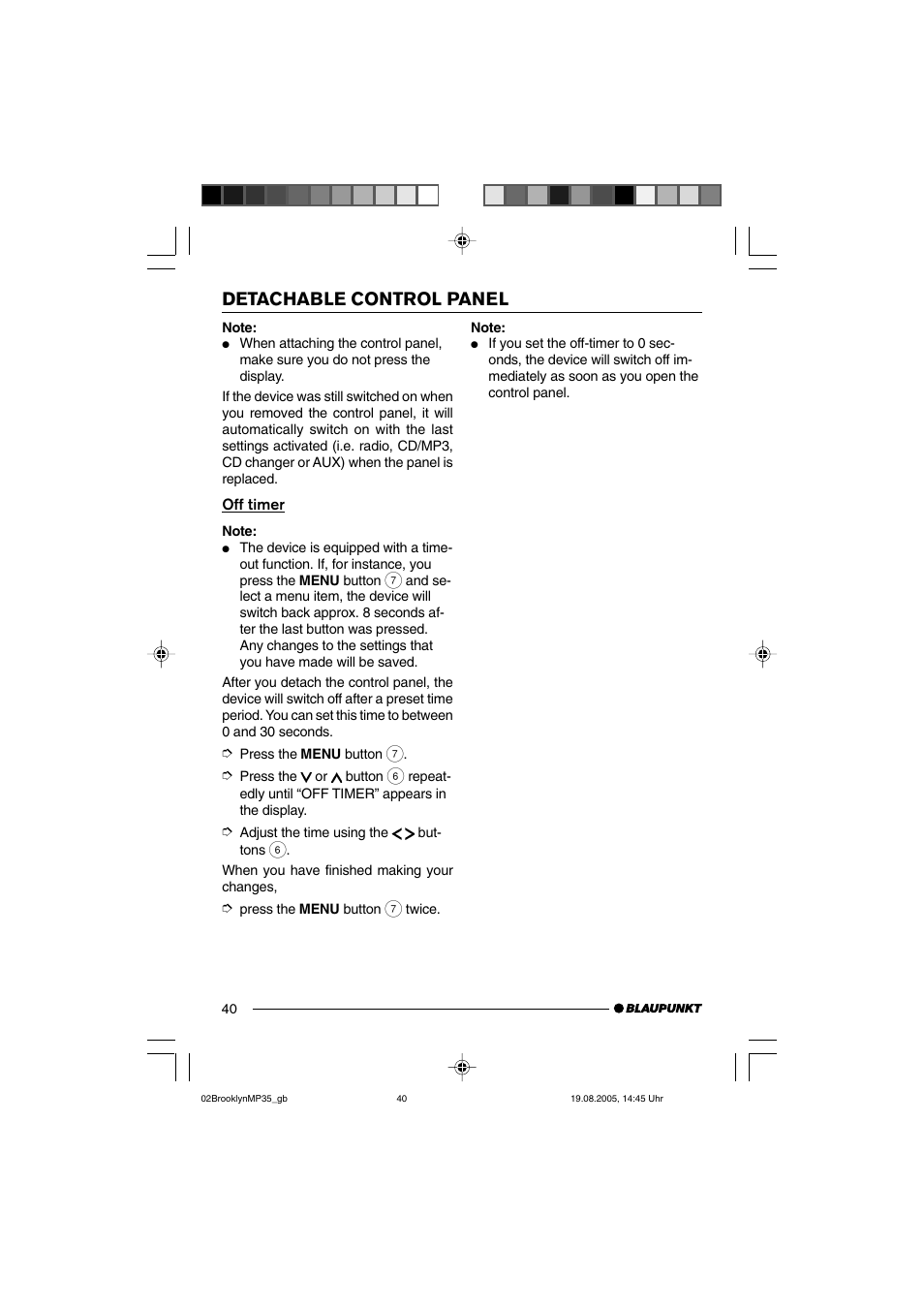 Detachable control panel | Blaupunkt BROOKLYN MP35 User Manual | Page 8 / 36