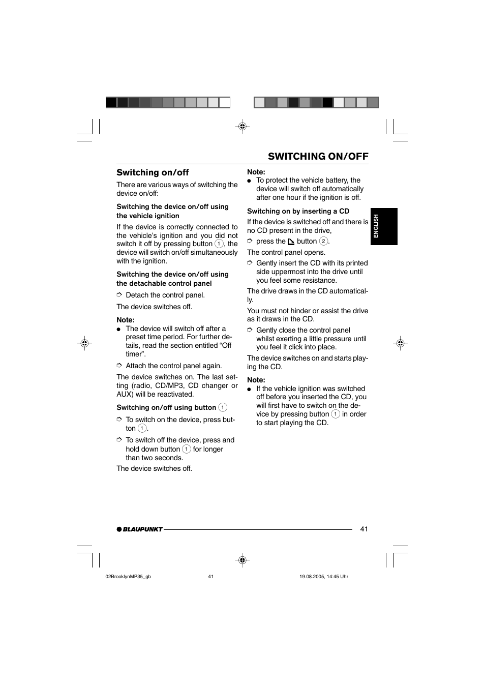 Switching on/off | Blaupunkt BROOKLYN MP35 User Manual | Page 9 / 36