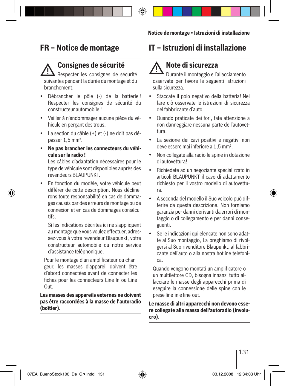 Fr – notice de montage, It – istruzioni di installazione, Consignes de sécurité | Blaupunkt BUENOS AIRES 200 7 649 020 110 User Manual | Page 131 / 140