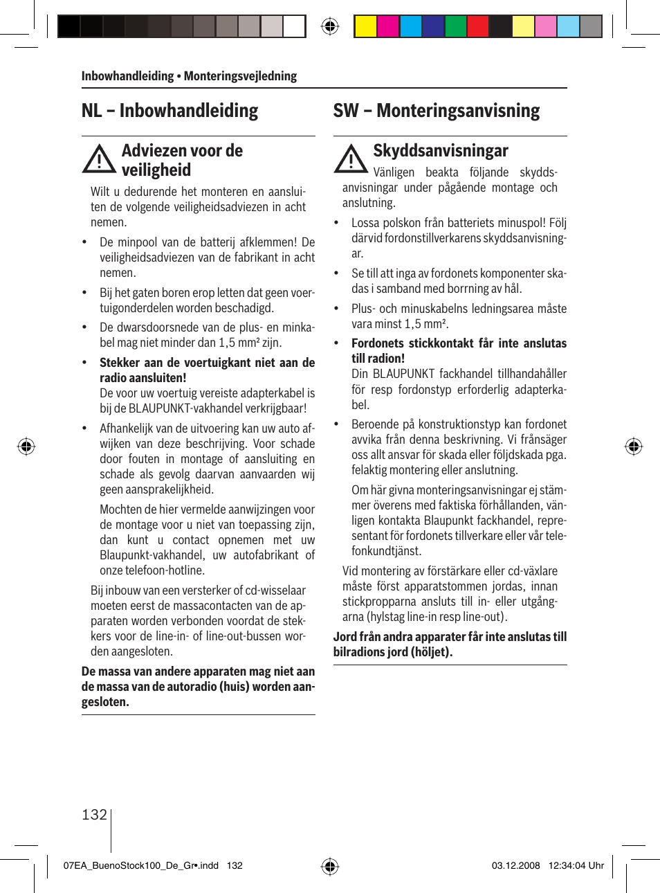 Nl – inbowhandleiding, Sw – monteringsanvisning, Adviezen voor de veiligheid | Skyddsanvisningar | Blaupunkt BUENOS AIRES 200 7 649 020 110 User Manual | Page 132 / 140