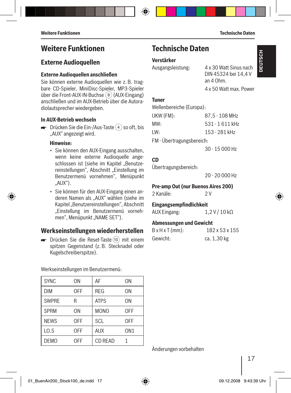 Weitere funktionen, Technische daten, Externe audioquellen | Werkseinstellungen wiederherstellen | Blaupunkt BUENOS AIRES 200 7 649 020 110 User Manual | Page 17 / 140