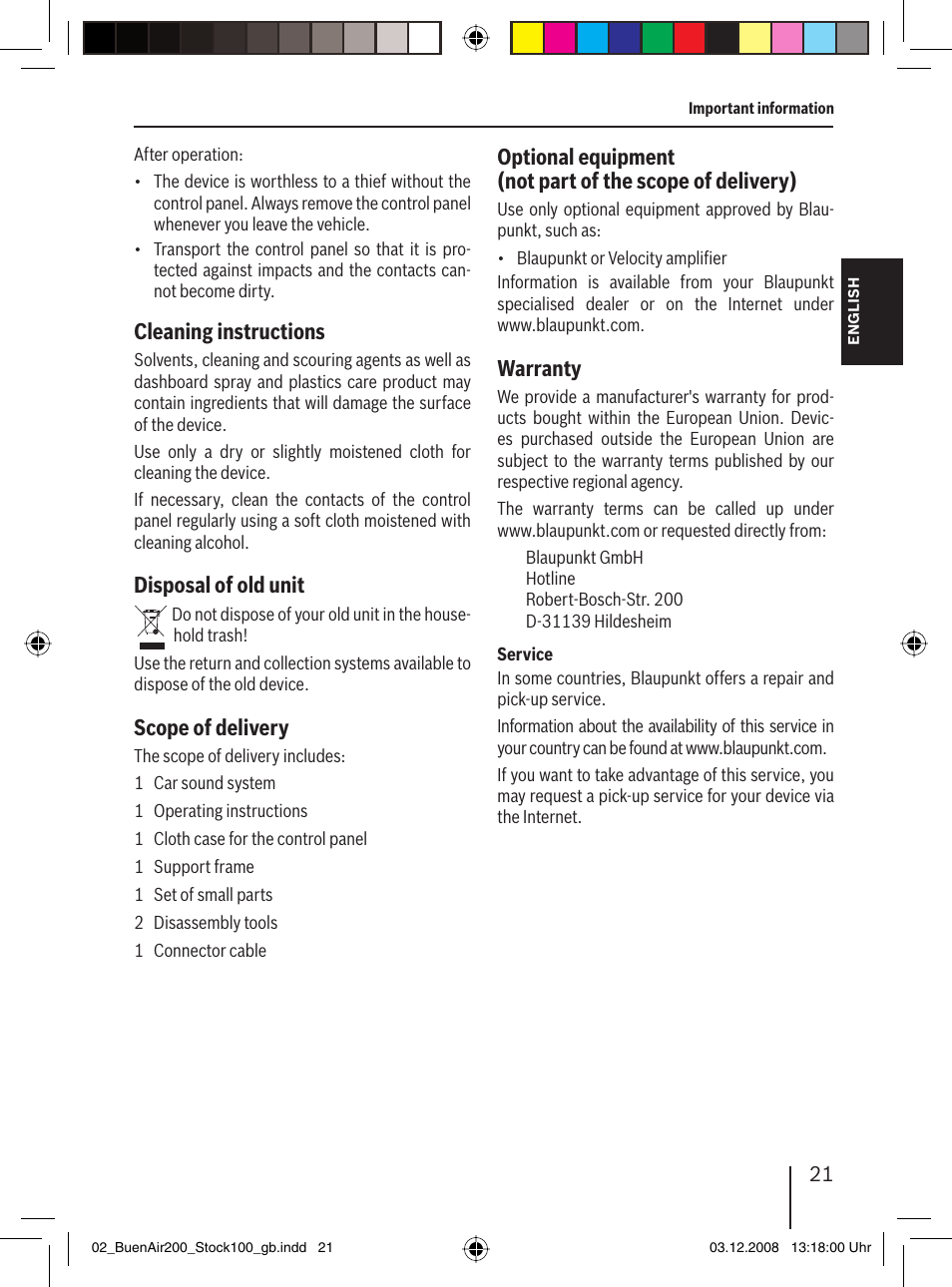 Cleaning instructions, Disposal of old unit, Scope of delivery | Warranty | Blaupunkt BUENOS AIRES 200 7 649 020 110 User Manual | Page 21 / 140