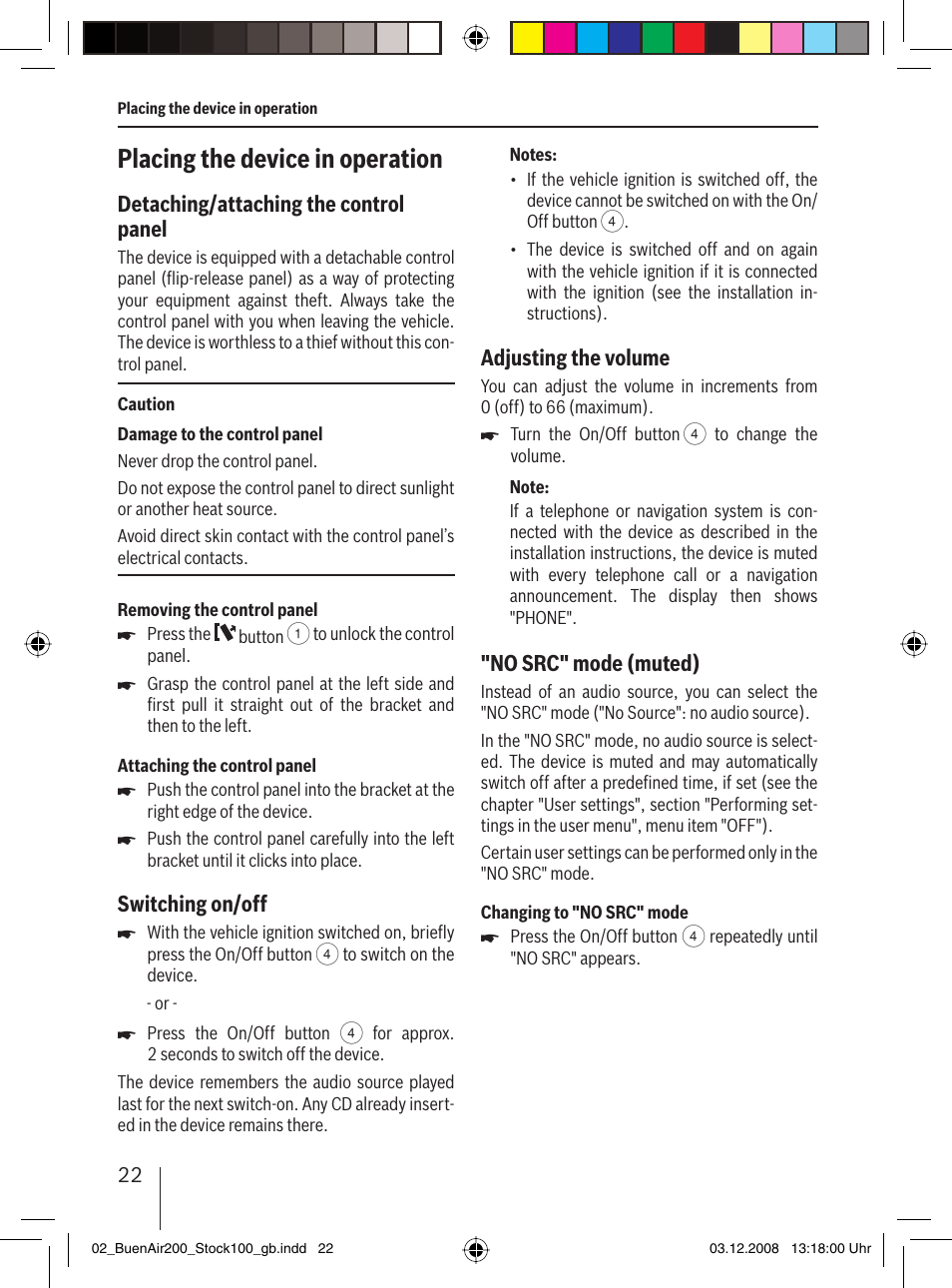 Placing the device in operation, Detaching/attaching the control panel, Switching on/off | Adjusting the volume, No src" mode (muted) | Blaupunkt BUENOS AIRES 200 7 649 020 110 User Manual | Page 22 / 140