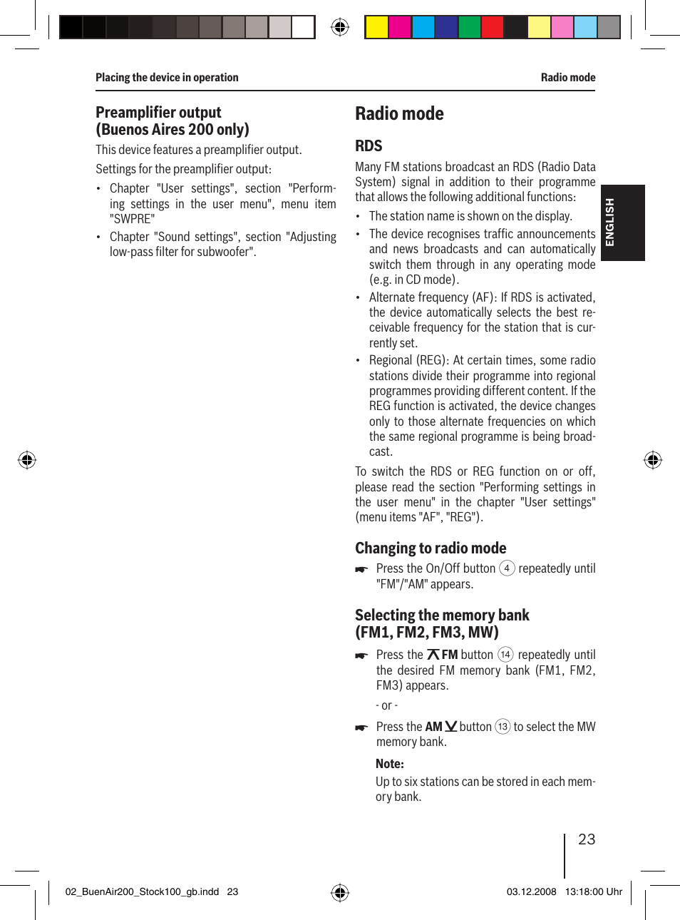 Radio mode, Preampliﬁ er output (buenos aires 200 only), Changing to radio mode | Blaupunkt BUENOS AIRES 200 7 649 020 110 User Manual | Page 23 / 140