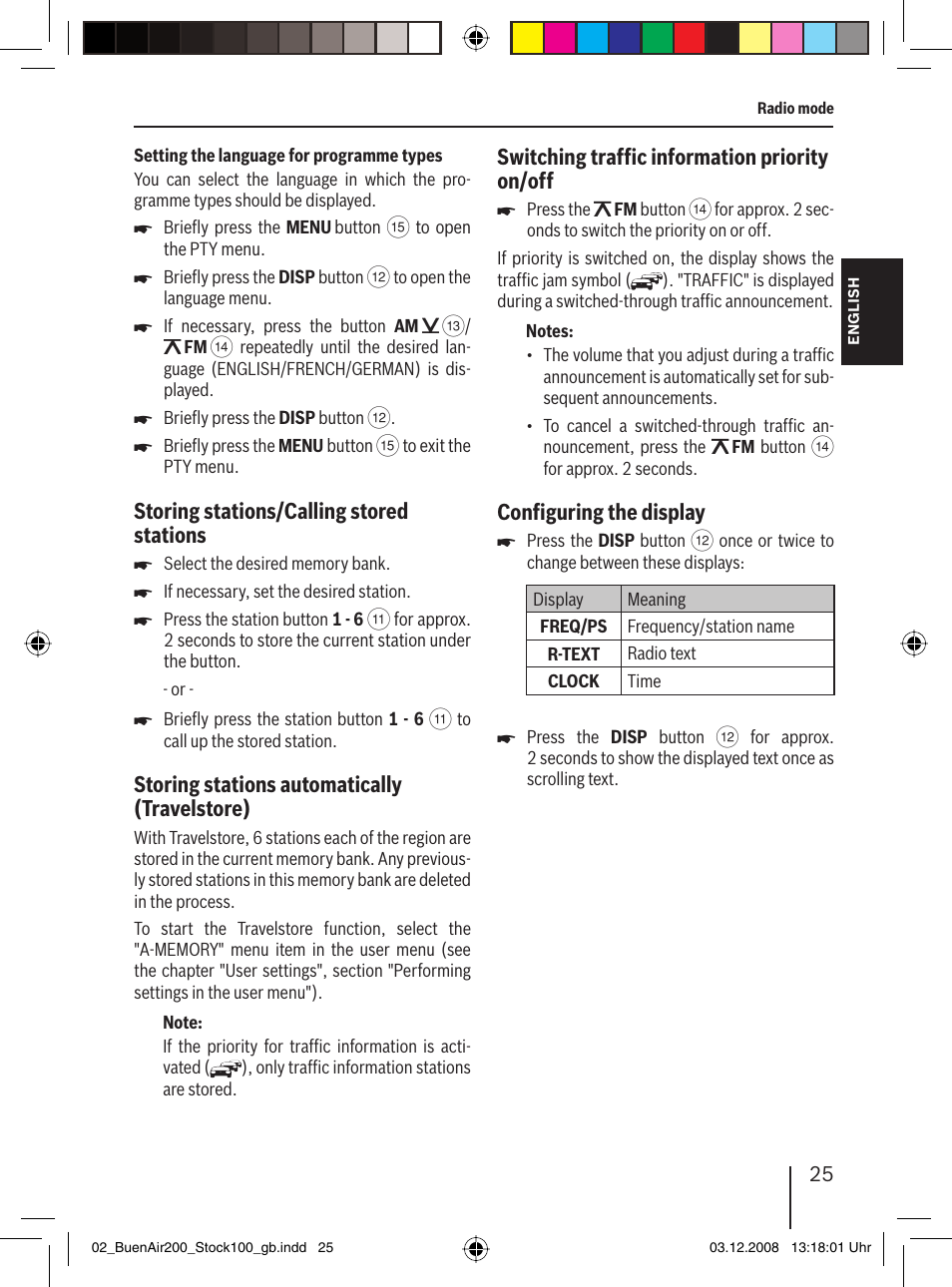 Storing stations/calling stored stations, Storing stations automatically (travelstore), Switching trafﬁ c information priority on/off | Conﬁ guring the display | Blaupunkt BUENOS AIRES 200 7 649 020 110 User Manual | Page 25 / 140