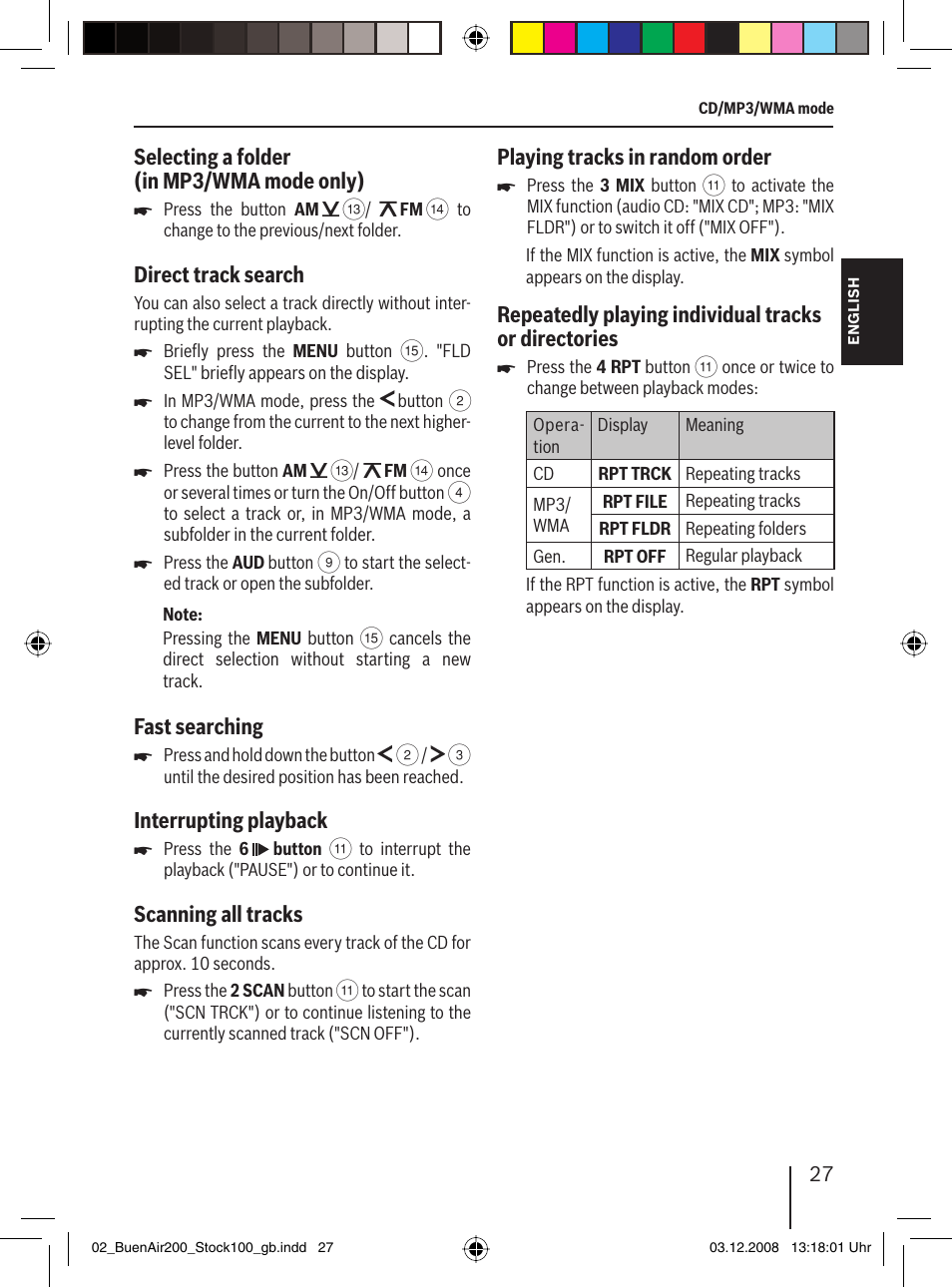 Selecting a folder (in mp3/wma mode only), Direct track search, Fast searching | Interrupting playback, Scanning all tracks, Playing tracks in random order | Blaupunkt BUENOS AIRES 200 7 649 020 110 User Manual | Page 27 / 140