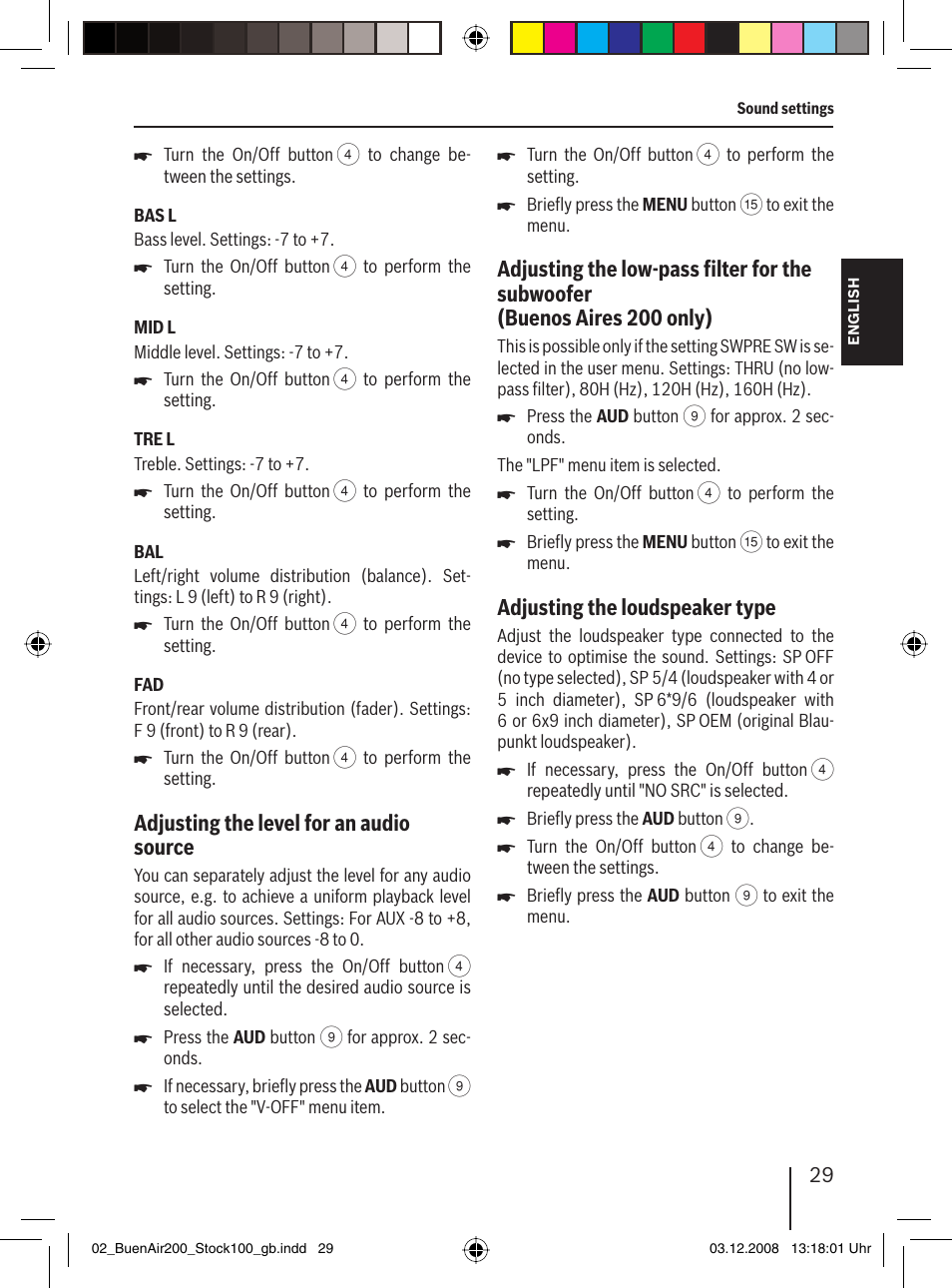 Adjusting the level for an audio source, Adjusting the loudspeaker type | Blaupunkt BUENOS AIRES 200 7 649 020 110 User Manual | Page 29 / 140