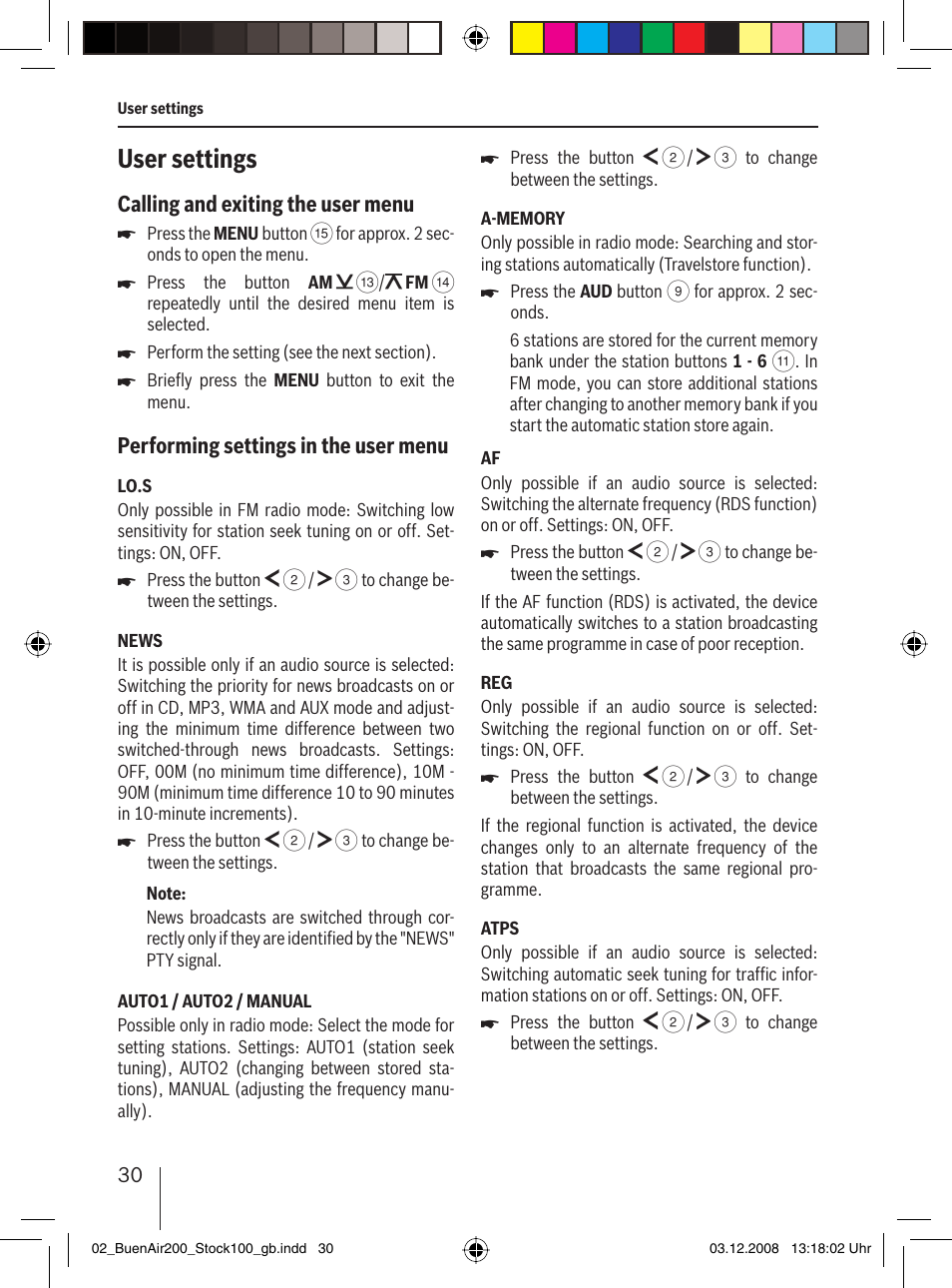 User settings, Calling and exiting the user menu, Performing settings in the user menu | Blaupunkt BUENOS AIRES 200 7 649 020 110 User Manual | Page 30 / 140